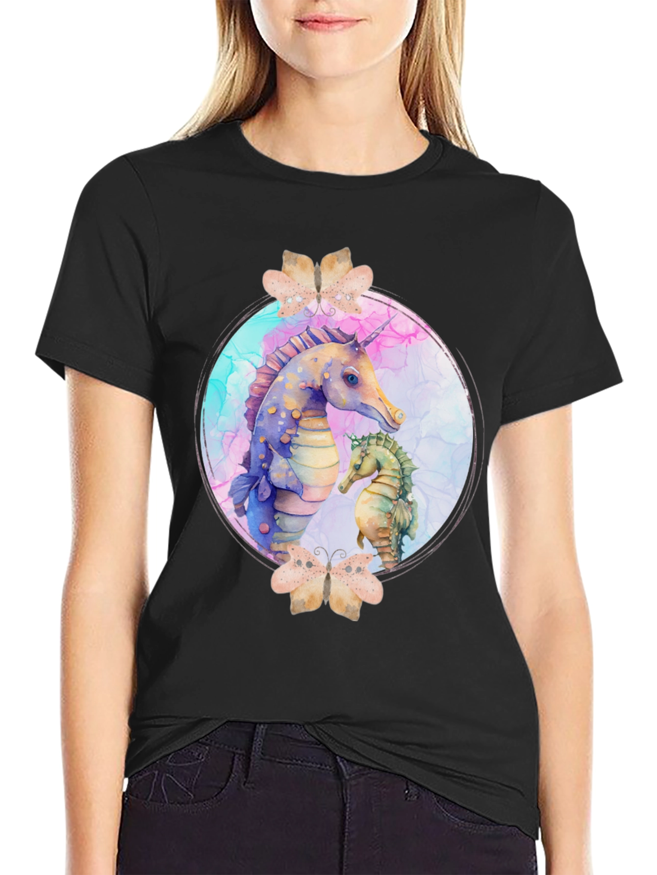 Black Watercolor Seahorse T-Shirt - Black view 2