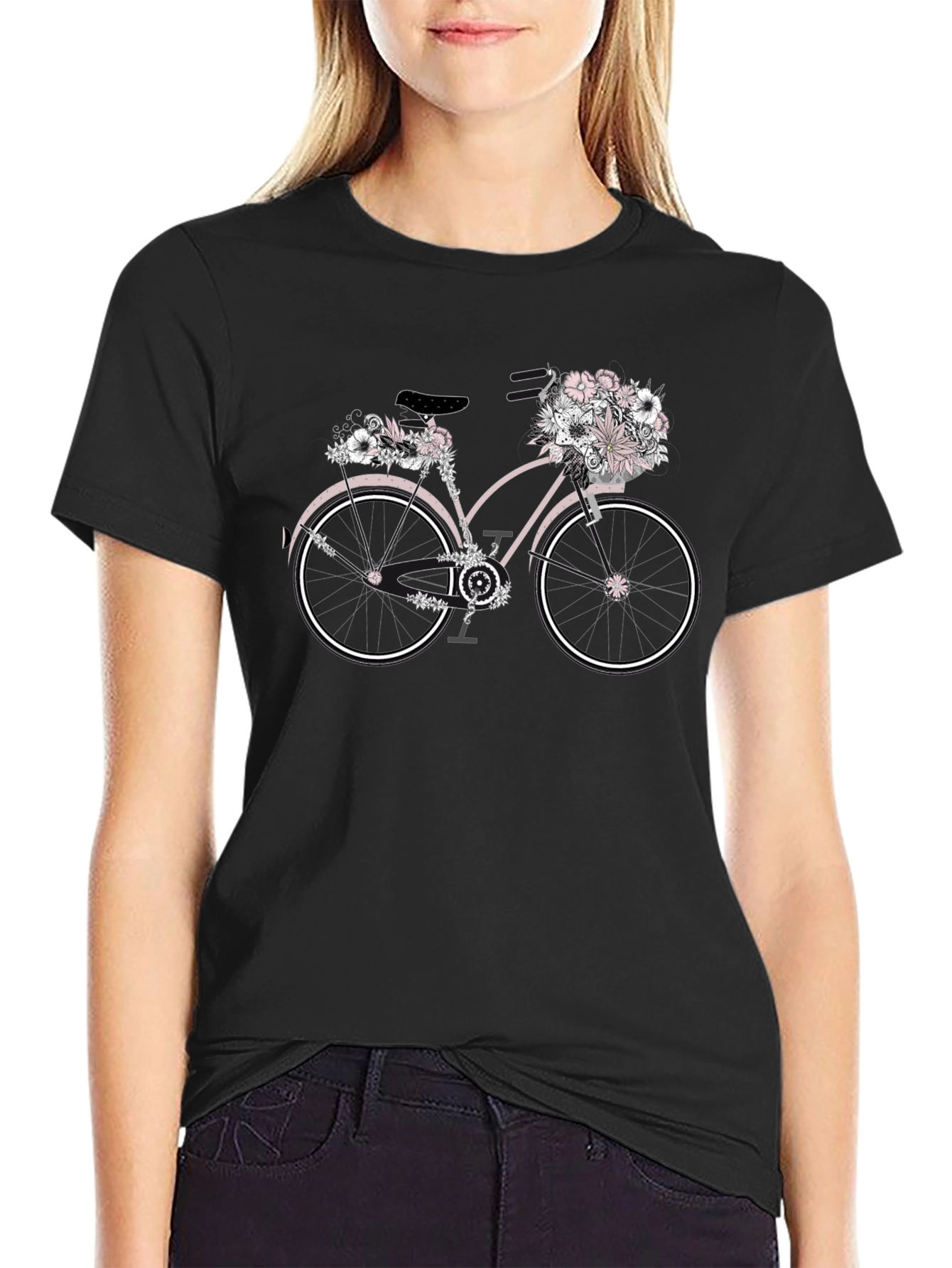 Black Floral Bicycle Graphic T-Shirt - Unique Design view 2