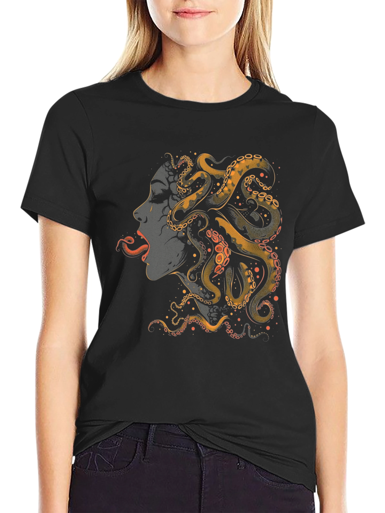 Black Octopus Woman Graphic Tee - Black Cotton T-Shirt view 2