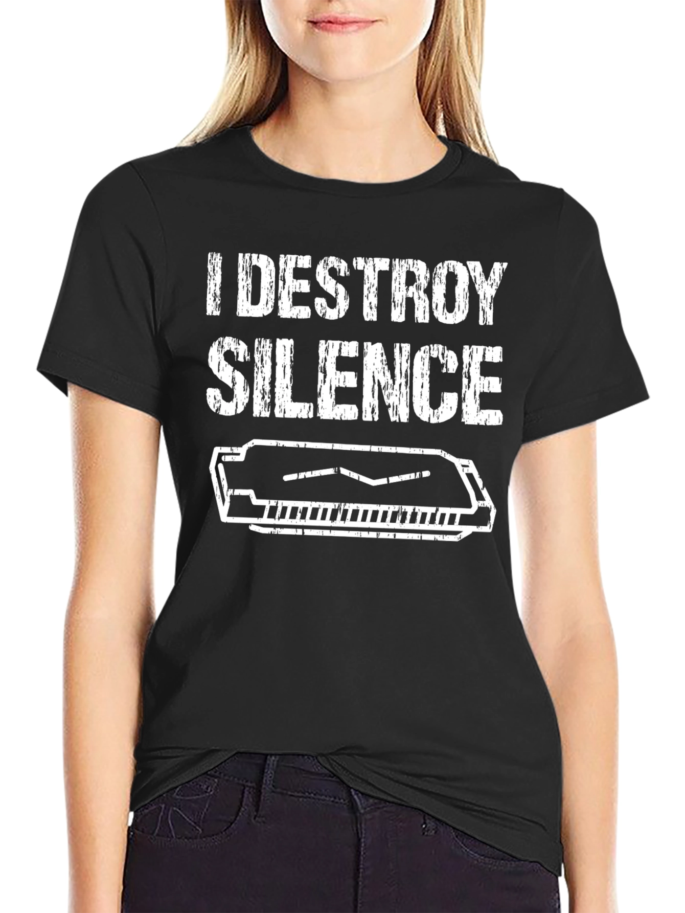 Black I Destroy Silence Harmonica T-Shirt view 2