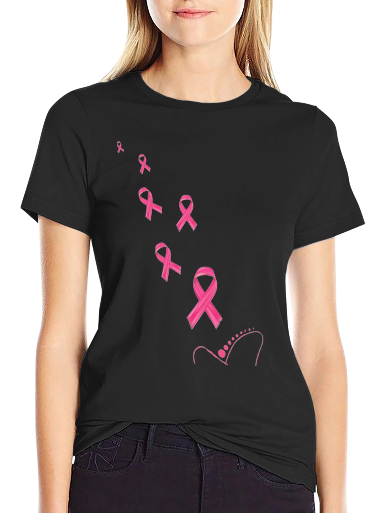 Black Pink Ribbon Awareness Black T-Shirt view 2