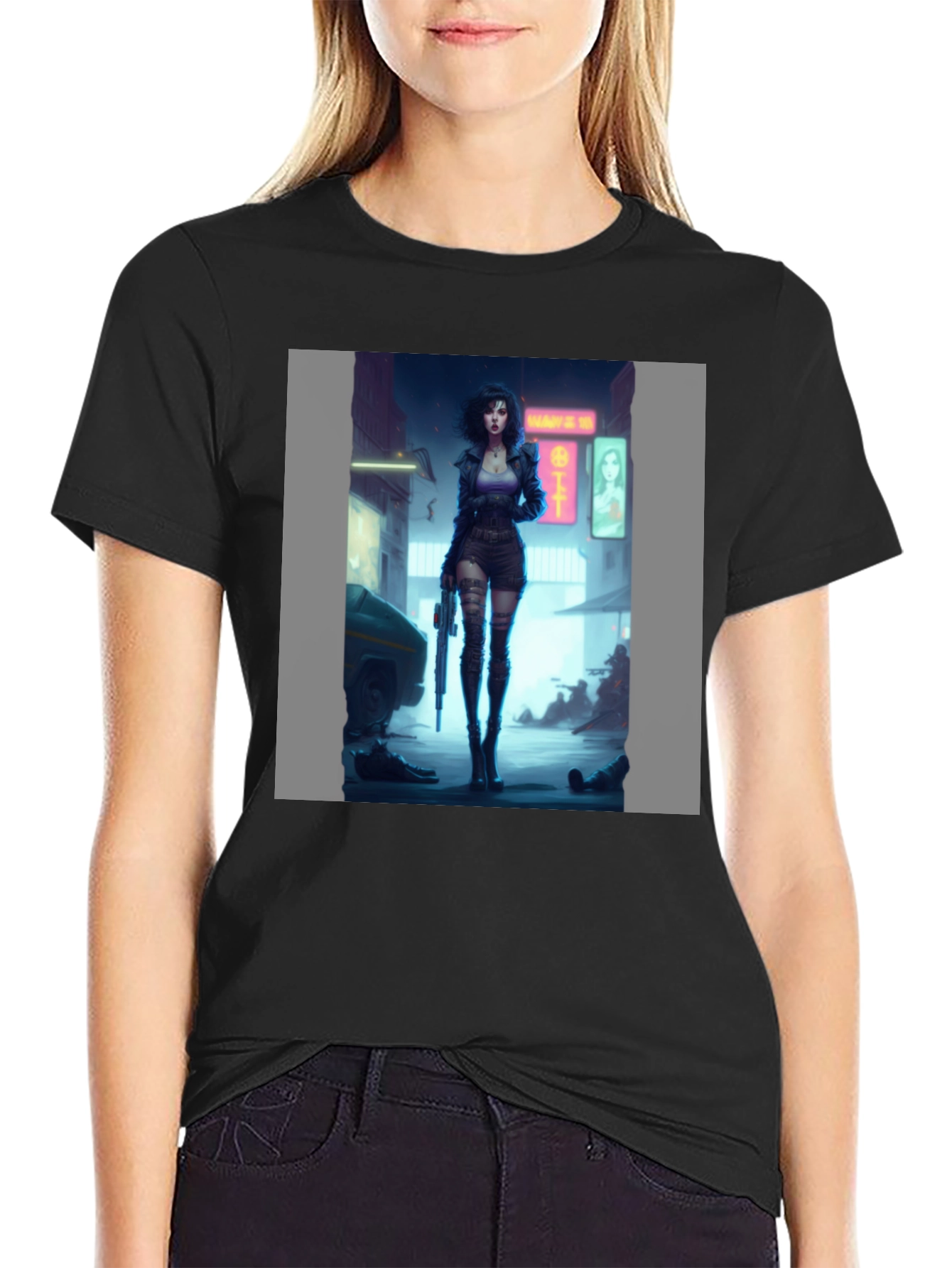 Black Cyberpunk Girl Graphic Black T-Shirt view 2