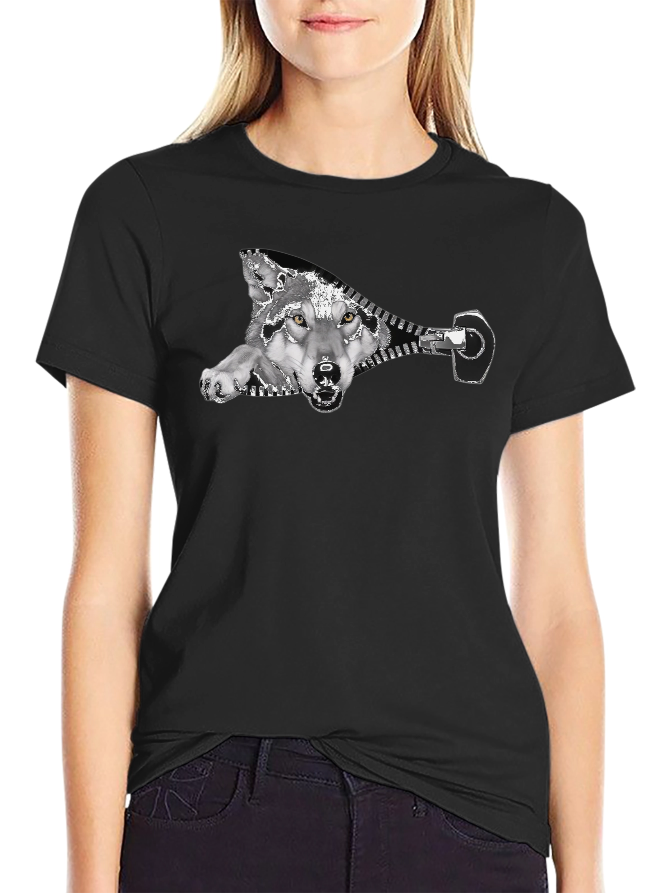 Black Wolf Zipper Graphic Print Black T-Shirt view 2