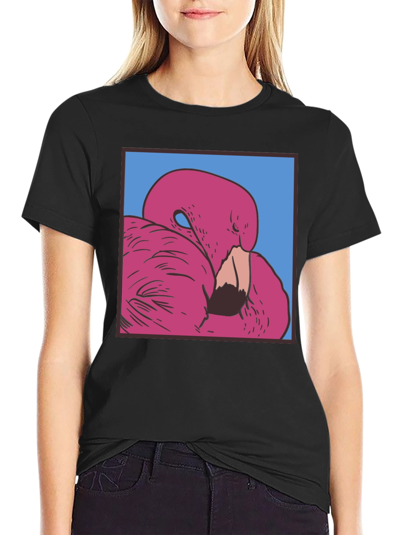 Black Pink Flamingo Graphic Black T-Shirt view 2