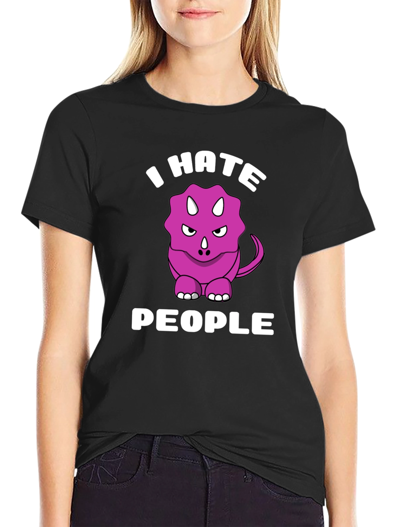 Black I Hate People Triceratops Graphic Tee view 2