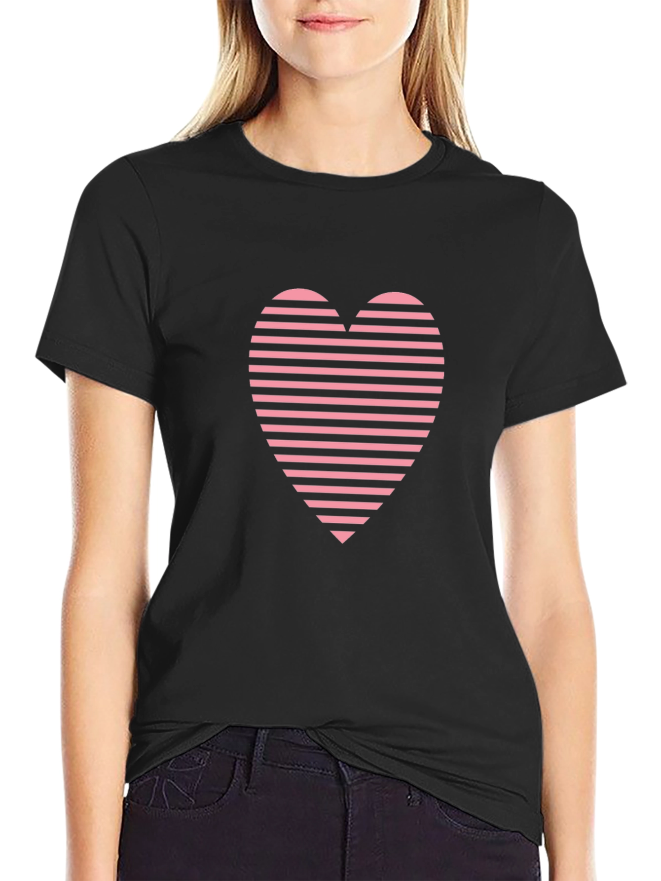 Black Striped Heart Graphic Tee - Casual Black T-Shirt view 2