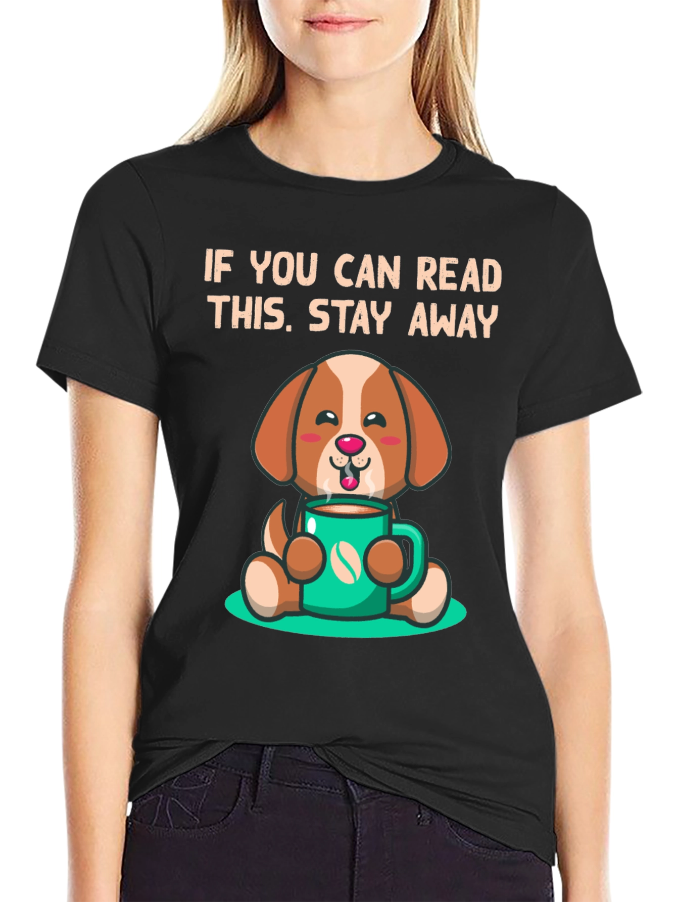Black Stay Away Dog Cartoon Black T-Shirt view 2