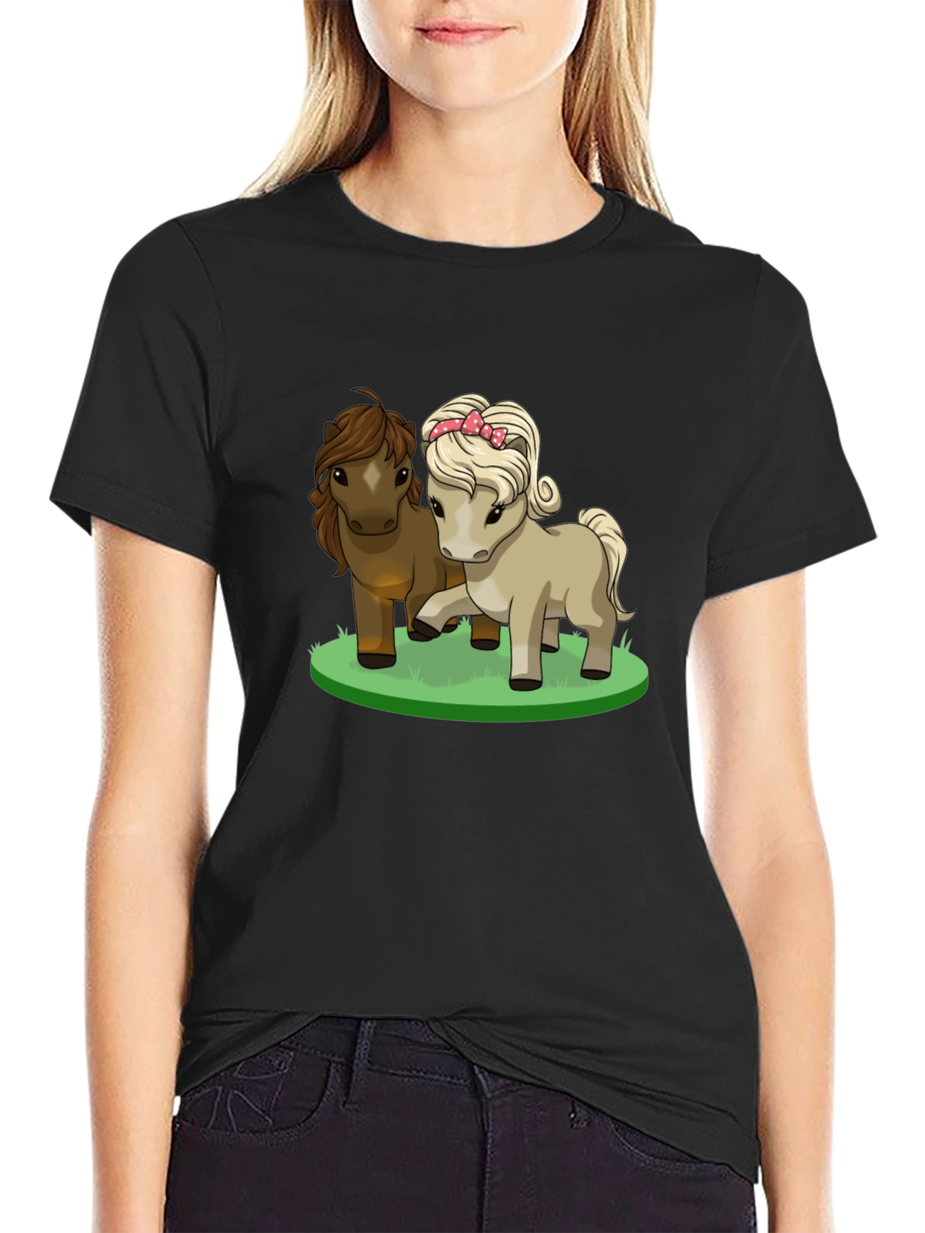 Black Cute Pony Cartoon Black T-Shirt view 2