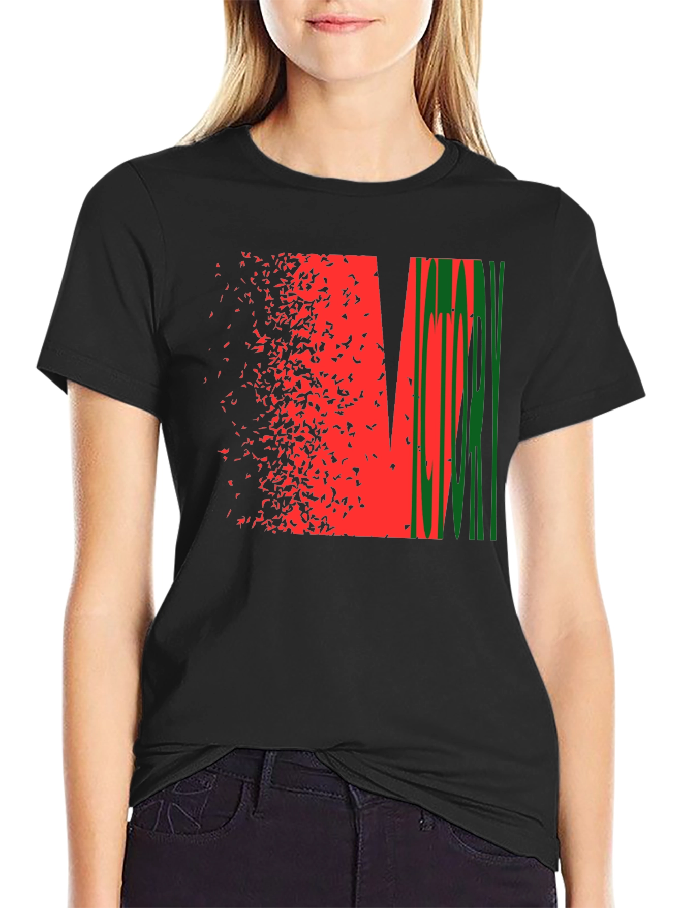 Black Abstract Graphic Tee - Red & Green Design, Black Shirt view 2
