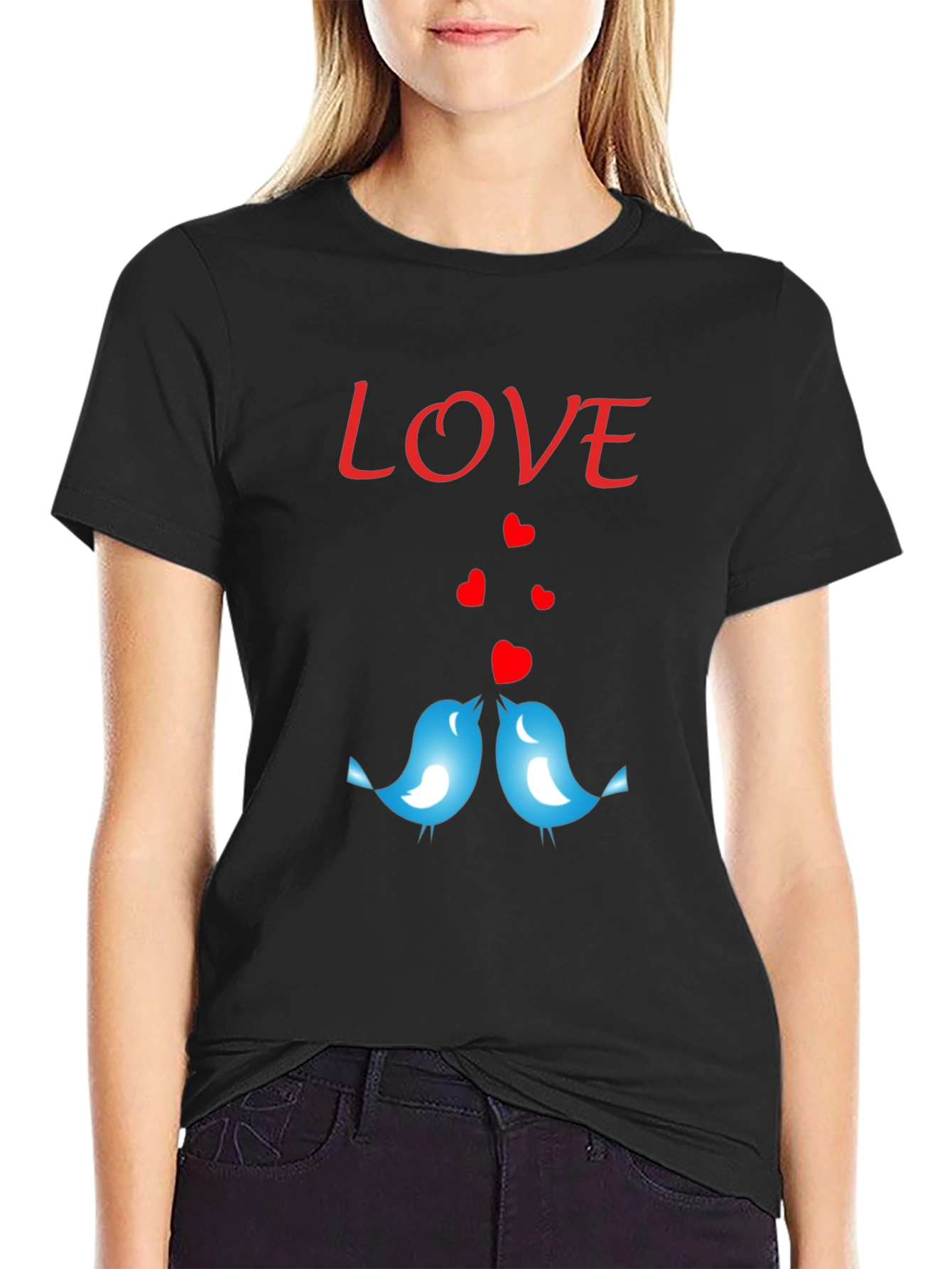Black Love Birds Graphic Print Crew Neck T-Shirt view 2