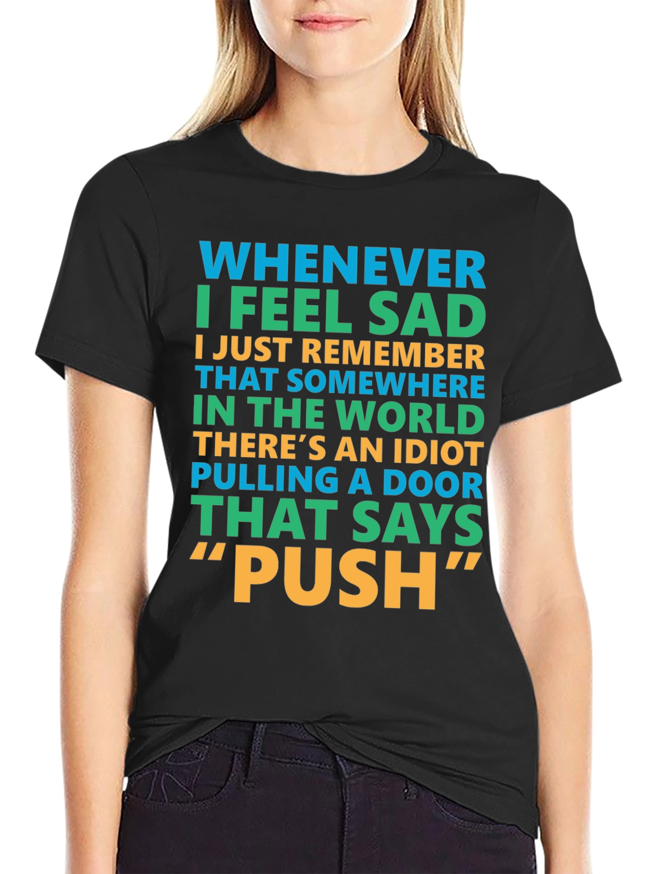 Black Funny "Push" Door T-Shirt view 2
