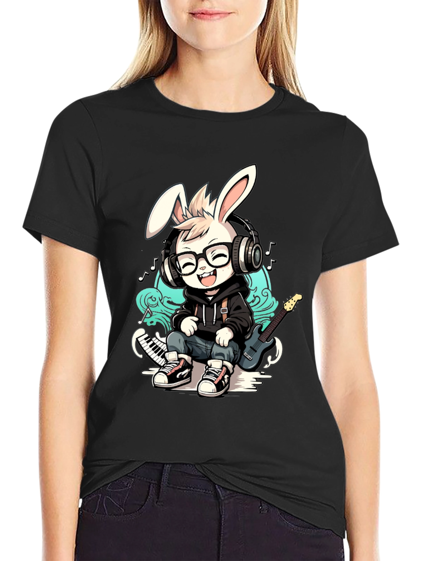 Black Cool Bunny Musician T-Shirt view 2