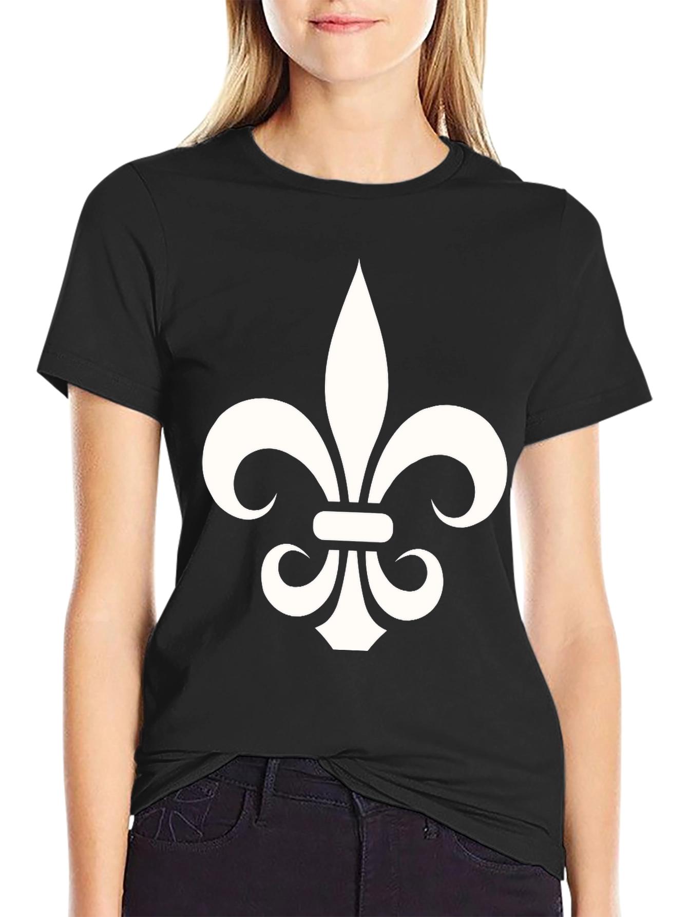 Black Fleur-de-Lis Graphic Tee - Black Cotton Blend T-Shirt view 2