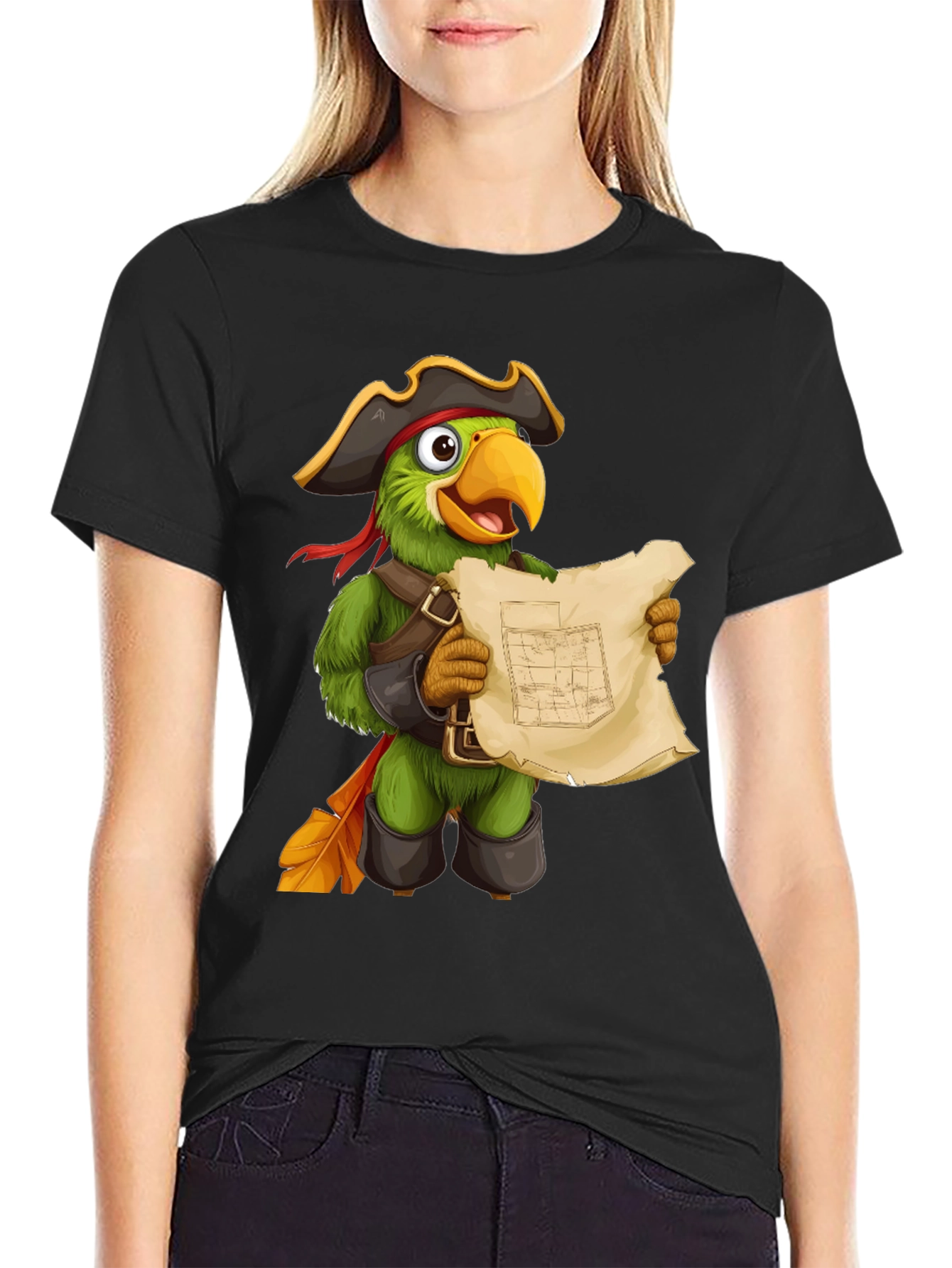 Black Parrot Pirate T-Shirt - Funny Cartoon Bird Tee view 2