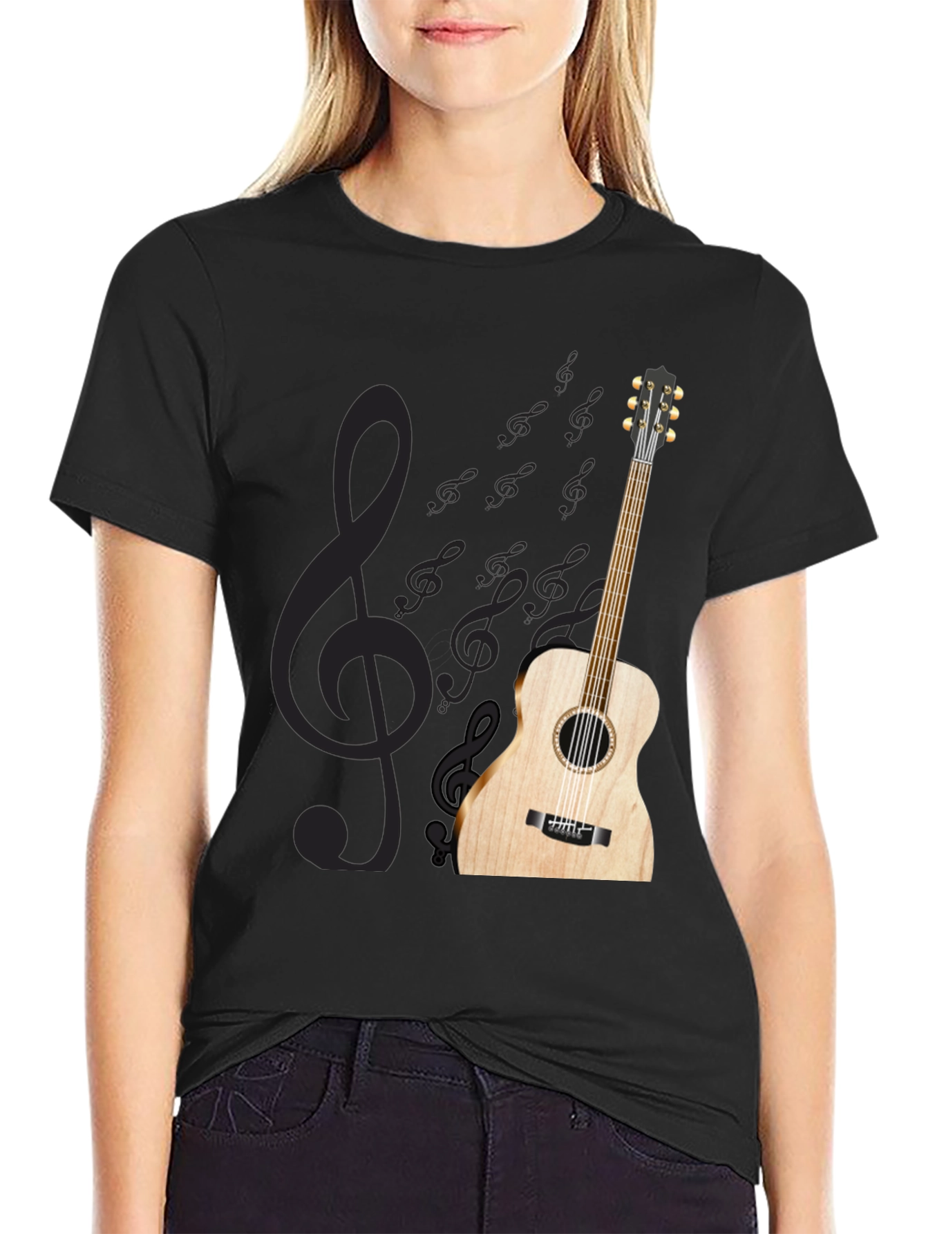 Black Acoustic Guitar Treble Clef Black T-Shirt view 2