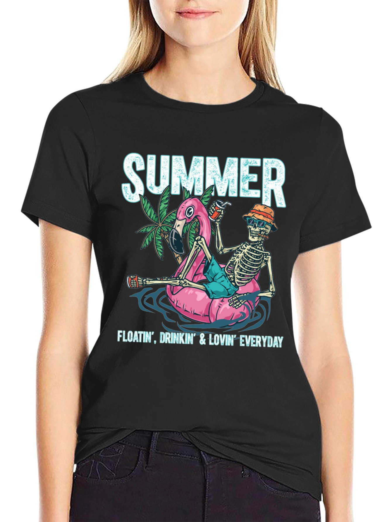 Black Summer Skeleton Flamingo Float T-Shirt view 2
