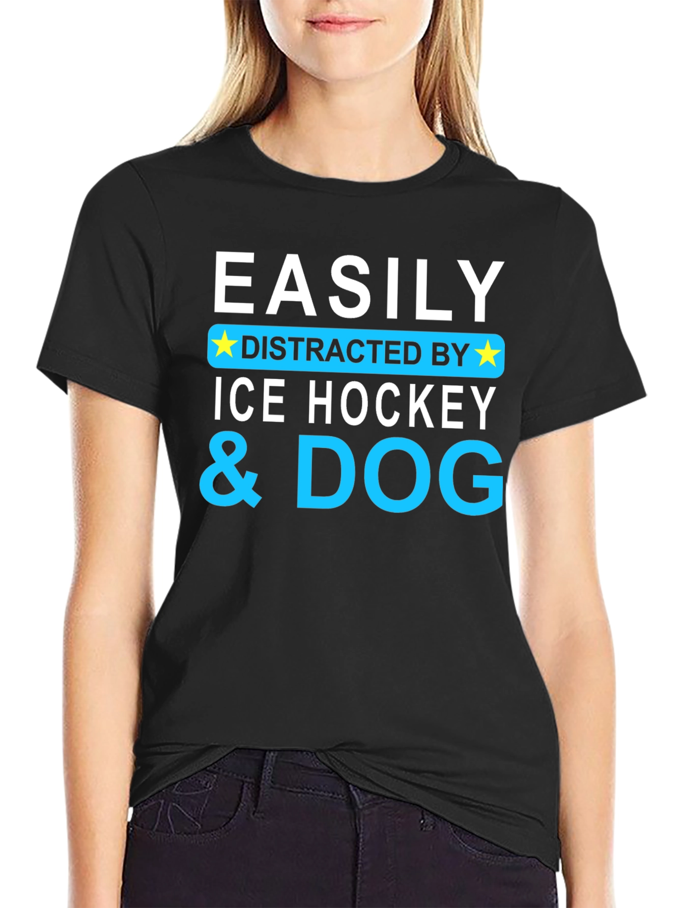 Black Easily Distracted By Ice Hockey & Dog T-Shirt view 2