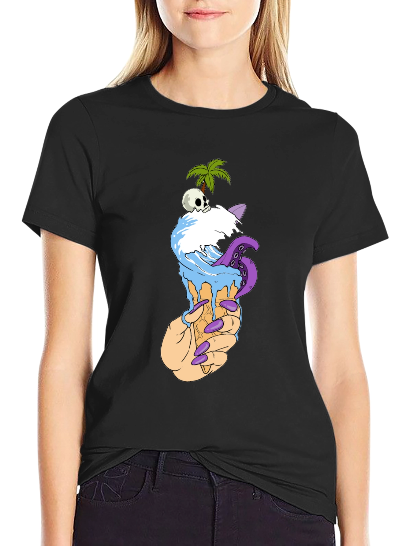 Black Ice Cream Cone Skull Palm Tree Graphic Tee view 2