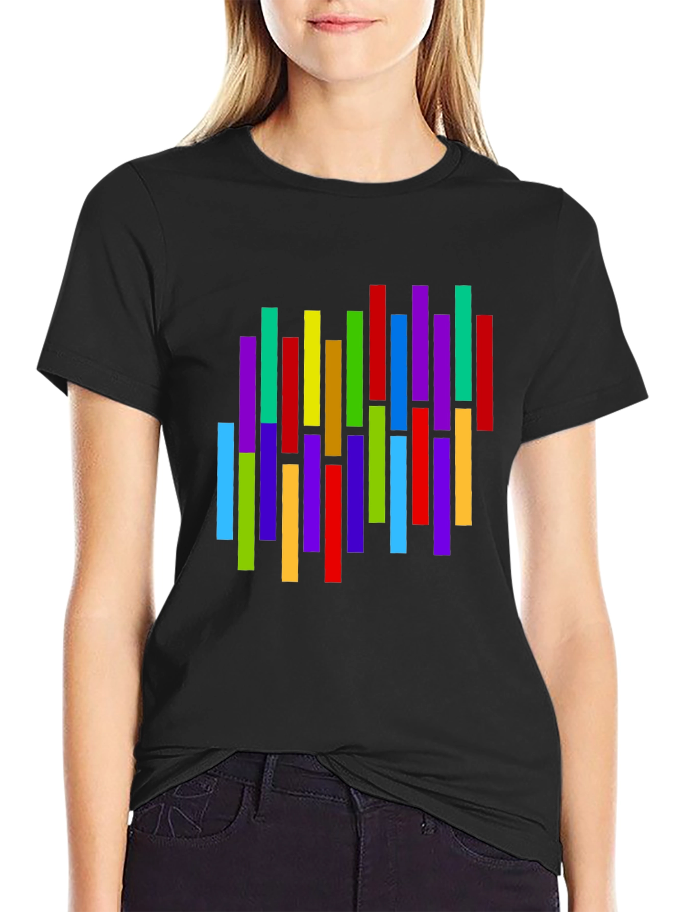 Black Colorful Vertical Stripes Graphic T-Shirt view 2
