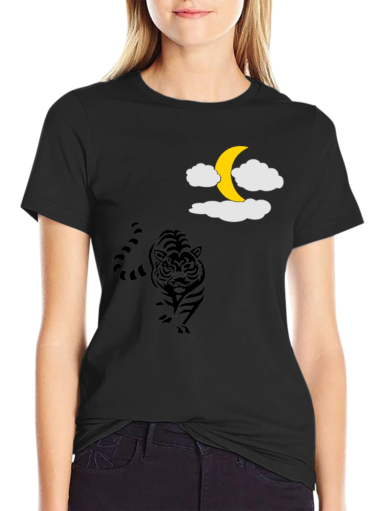 Black Tiger Moon Graphic Tee - Black Cotton T-Shirt view 2