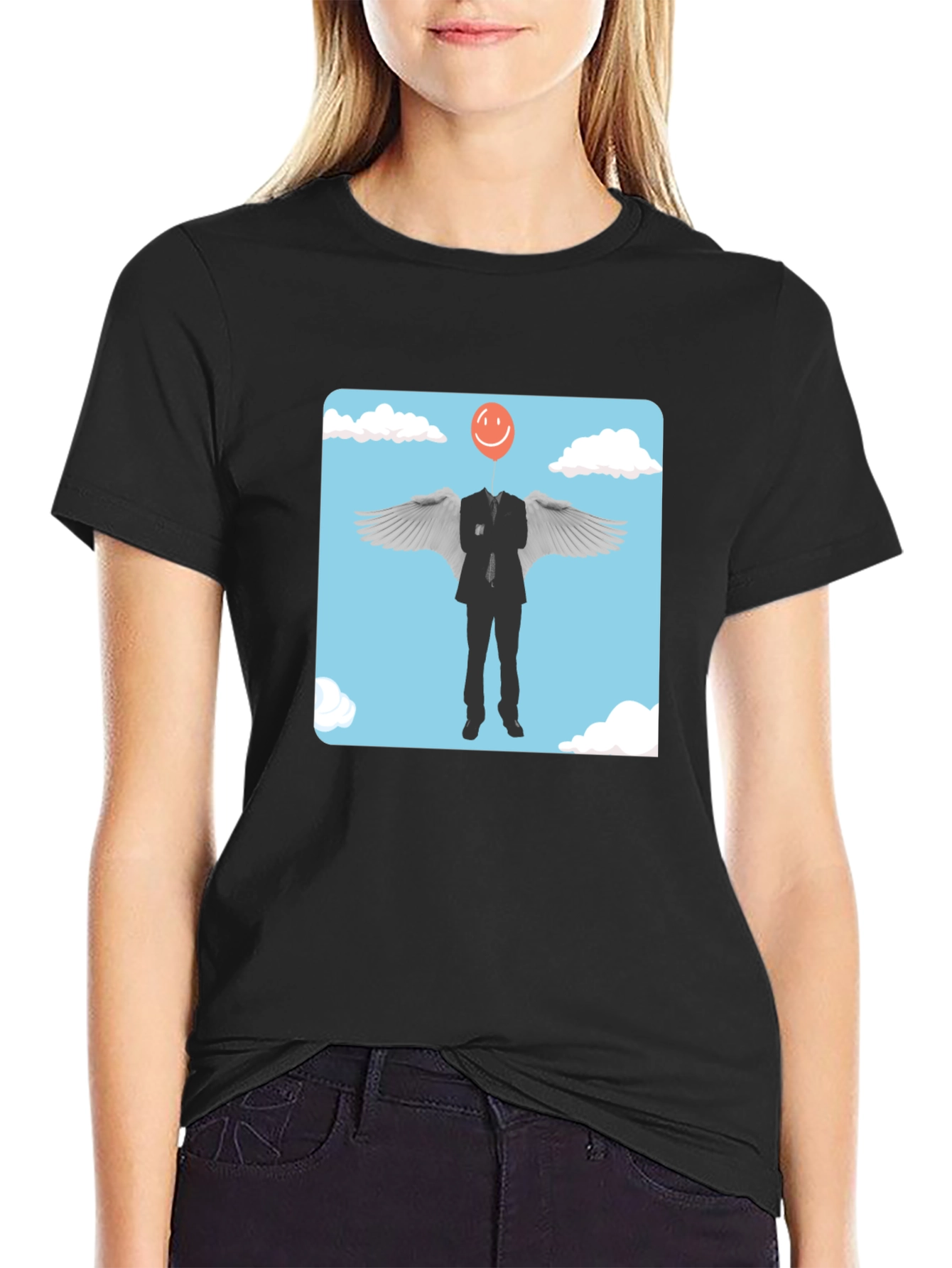 Black Smiling Balloon Angel Graphic Tee view 2