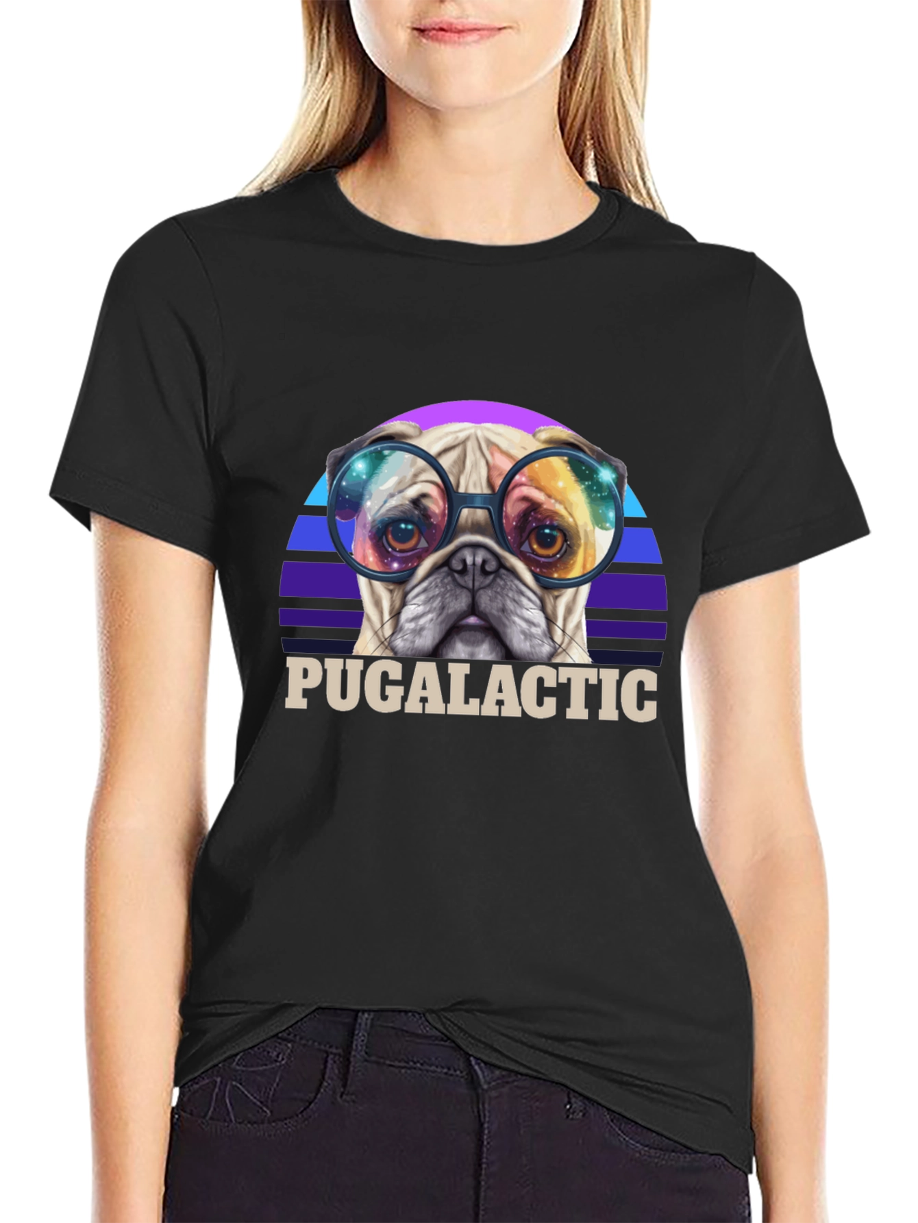 Black Puggalactic T-Shirt: Galactic Pug in Glasses view 2