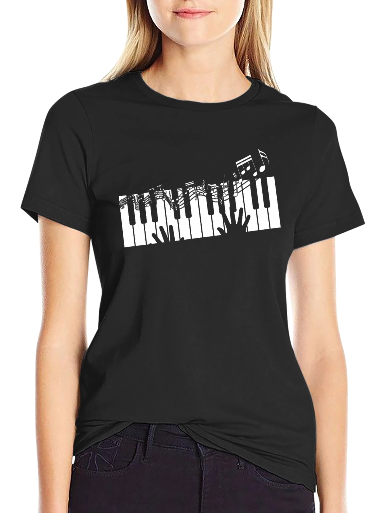 Black Piano Keys & Music Notes Graphic Black T-Shirt view 2