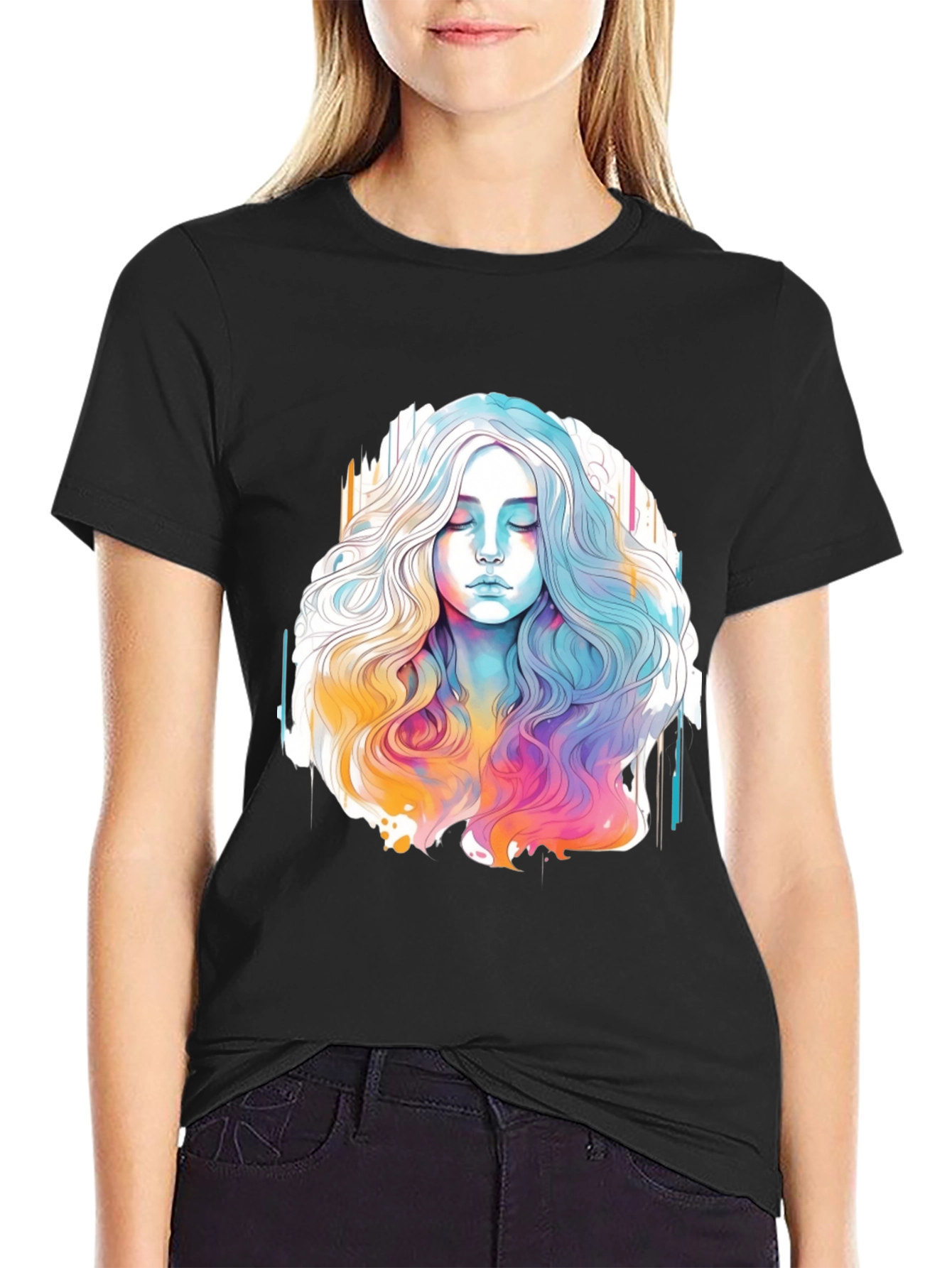 Black Watercolor Woman Graphic Black T-Shirt view 2