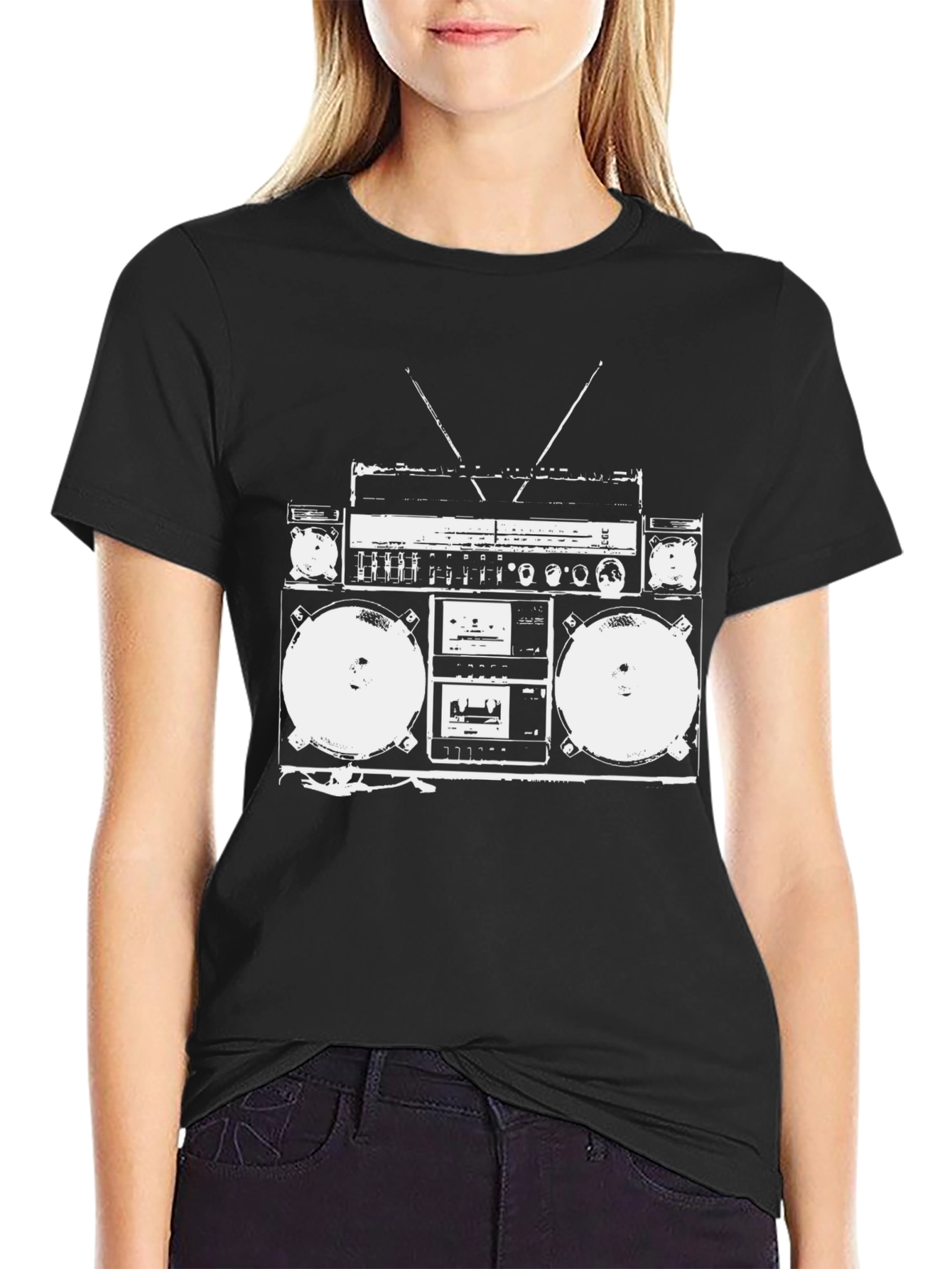 Black Retro Boombox Graphic Tee - Classic Hip Hop Style view 2