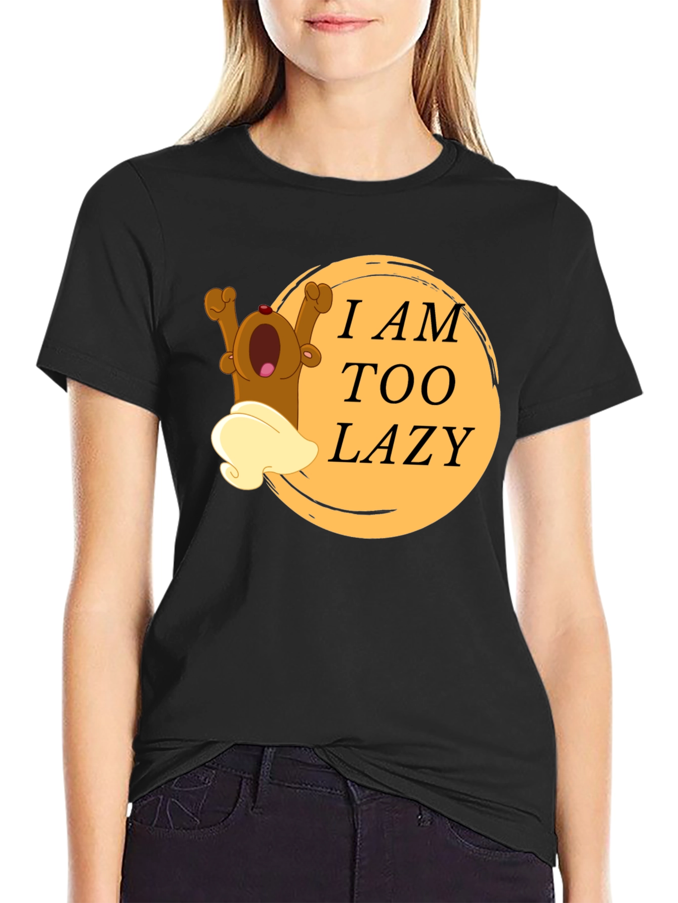 Black Lazy Bear Cartoon Graphic T-Shirt view 2
