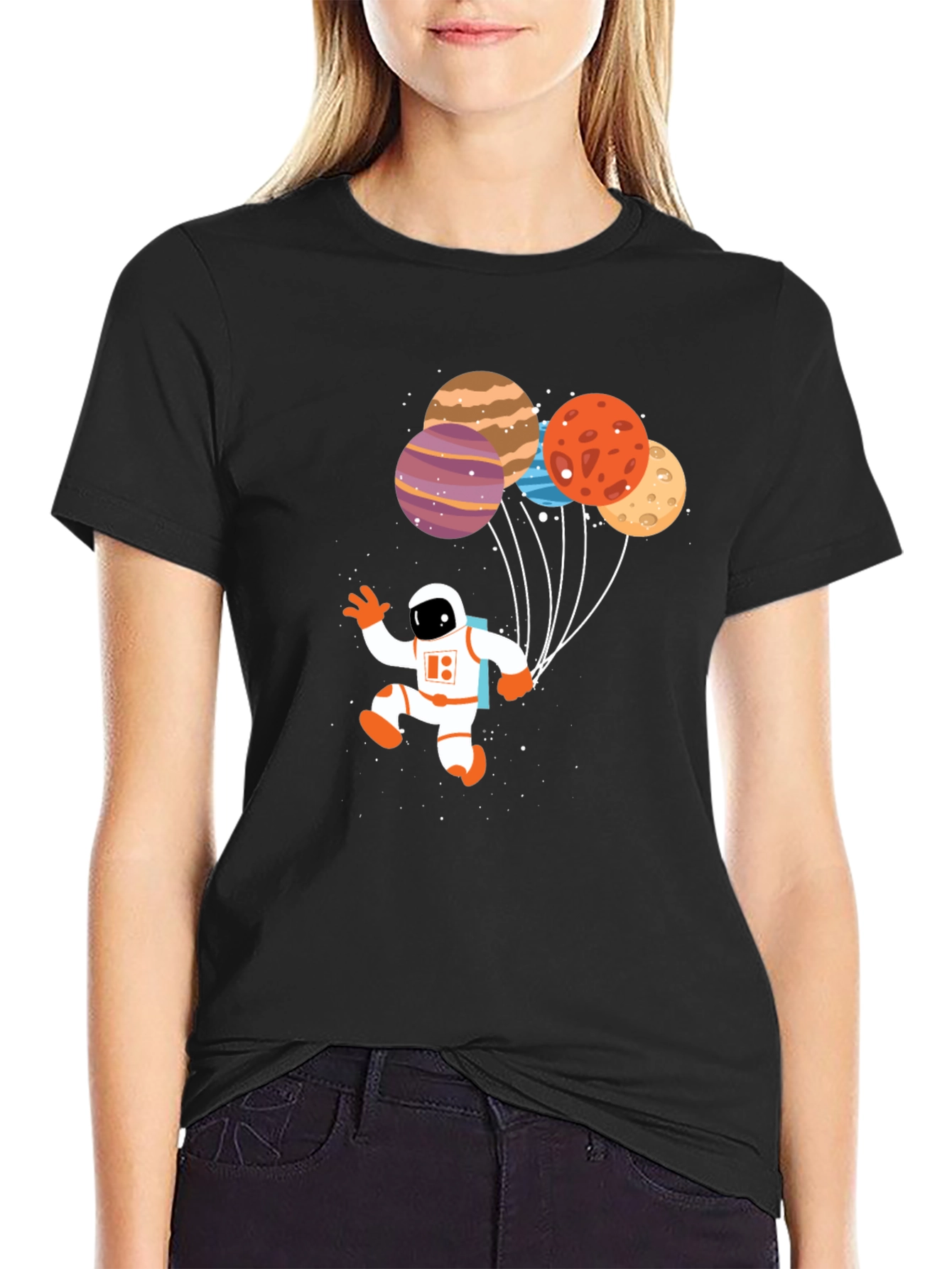 Black Astronaut Planet Balloons Graphic T-Shirt view 2