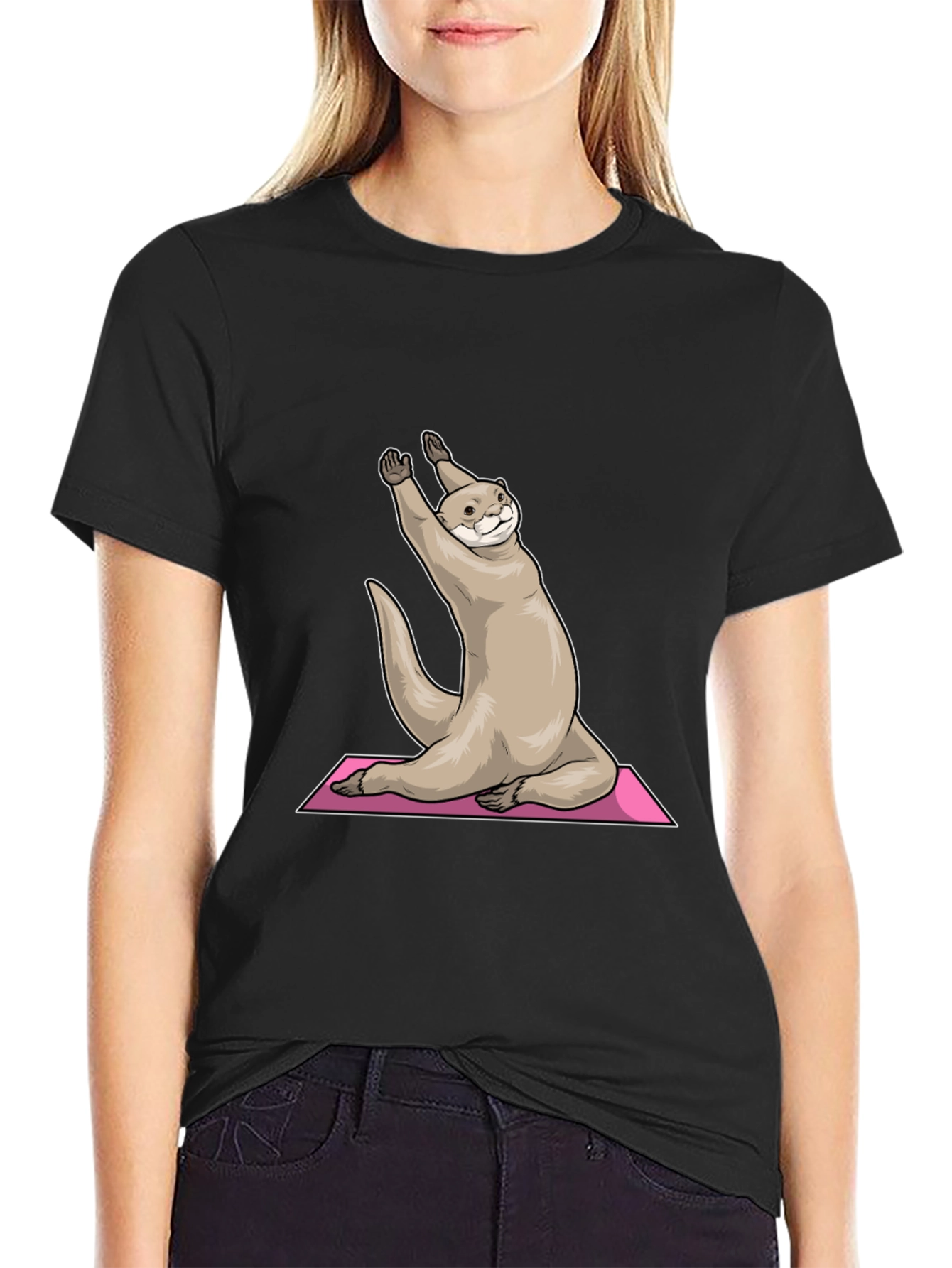 Black Yoga Otter Graphic Tee - Black Cotton T-Shirt view 2