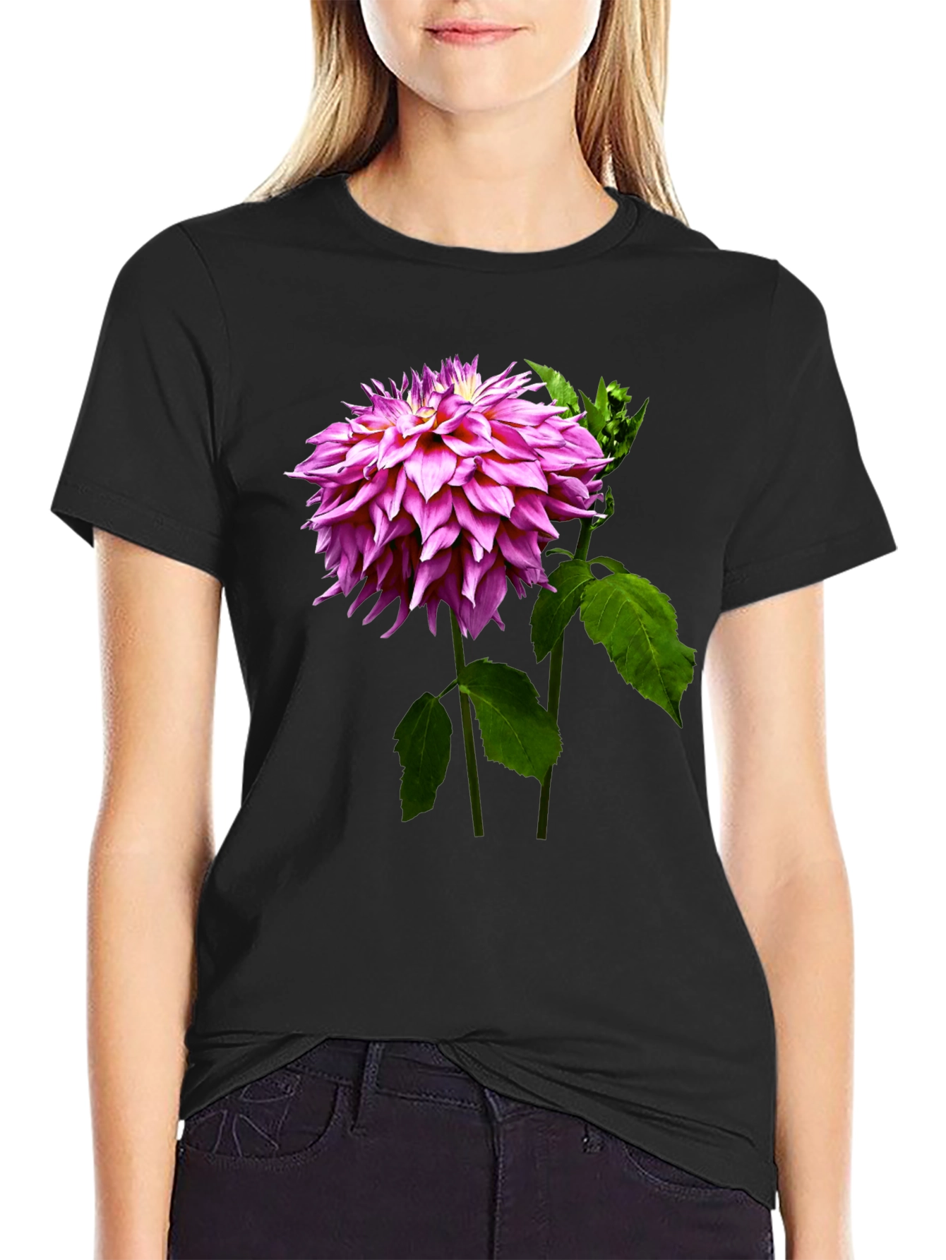 Black Floral Print Tee - Black Cotton Blend T-Shirt view 2