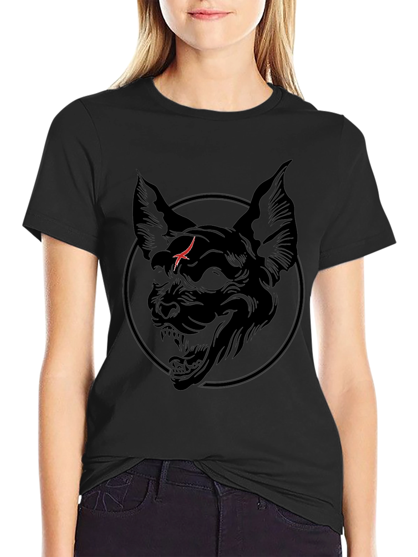 Black Men's Black T-Shirt with Cat Graphic view 2