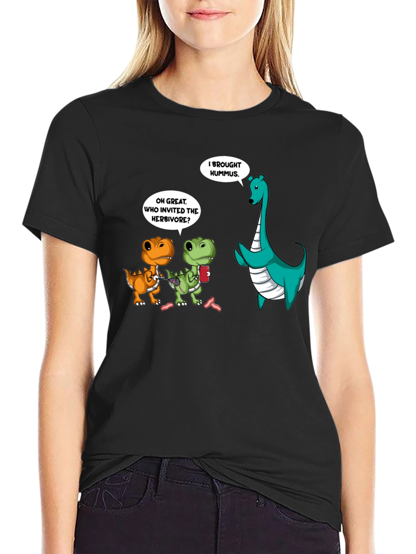 Black Dinosaur Hummus T-Shirt, Funny Graphic Tee view 2