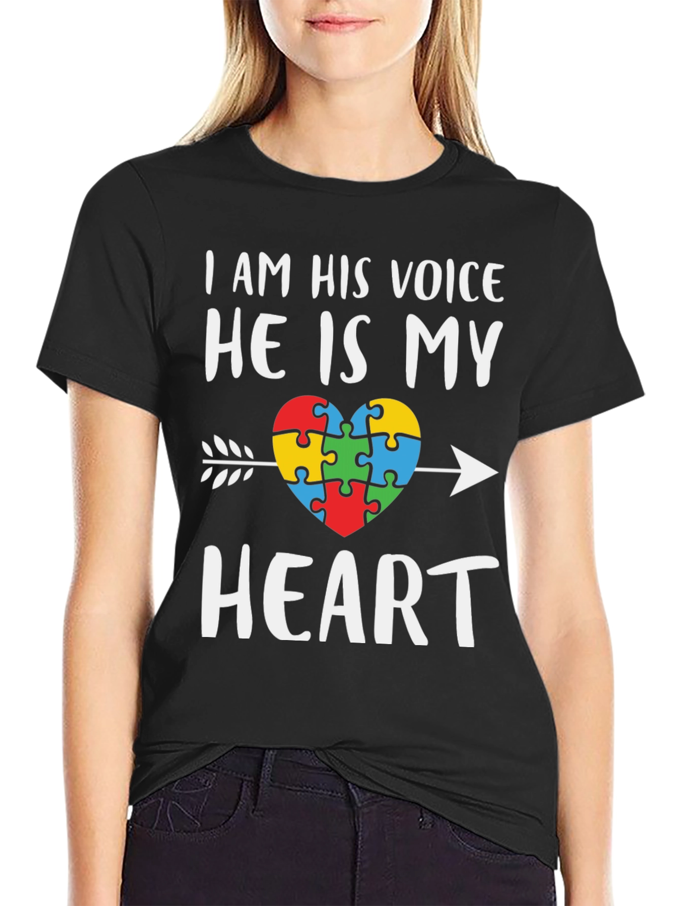 Black Autism Awareness Heart T-Shirt - I Am His Voice view 2