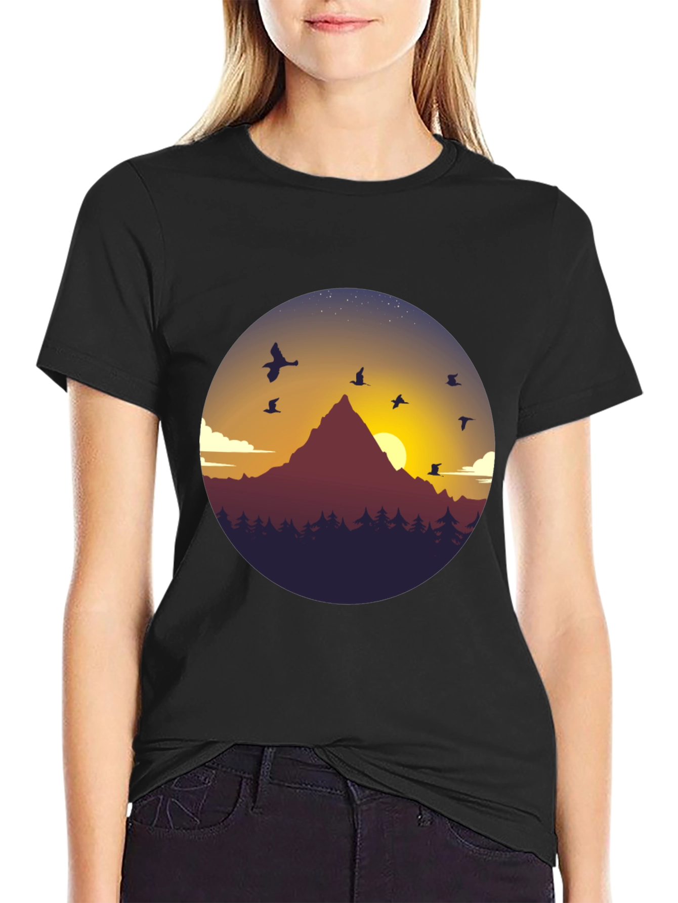 Black Mountain Sunset Graphic Tee - Black Cotton Blend T-Shirt view 2