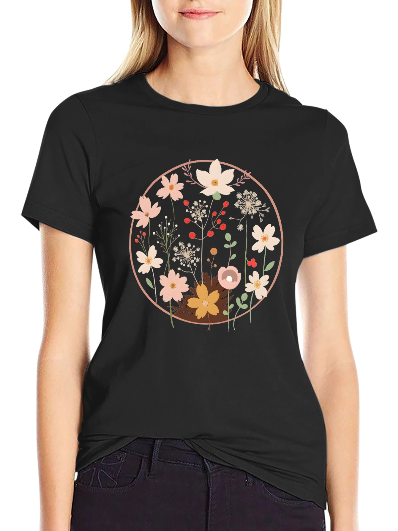 Black Floral Circle Graphic Tee - Soft Cotton Blend view 2