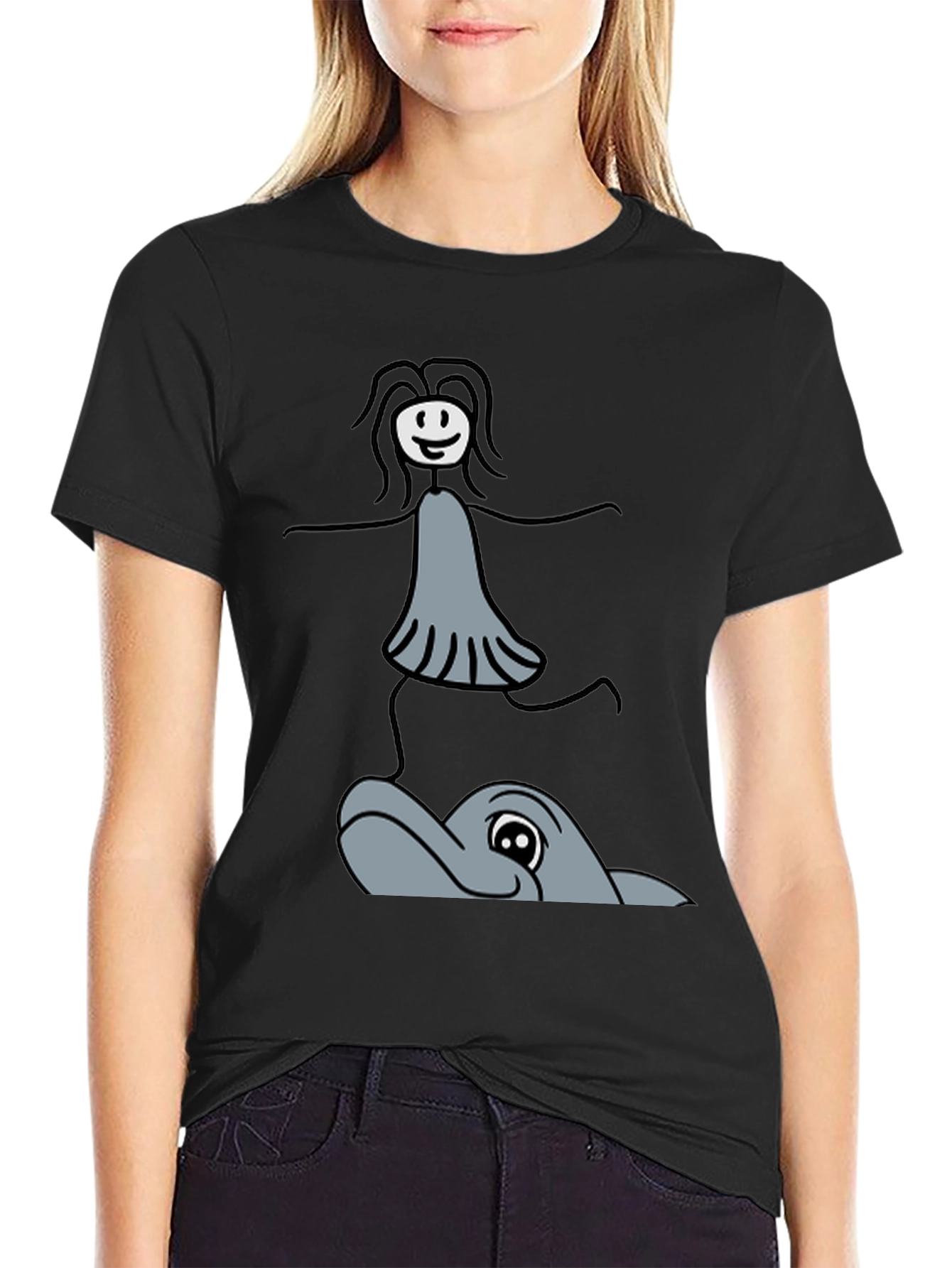 Black Whimsical Dolphin Ride T-Shirt - Unique Graphic Tee view 2