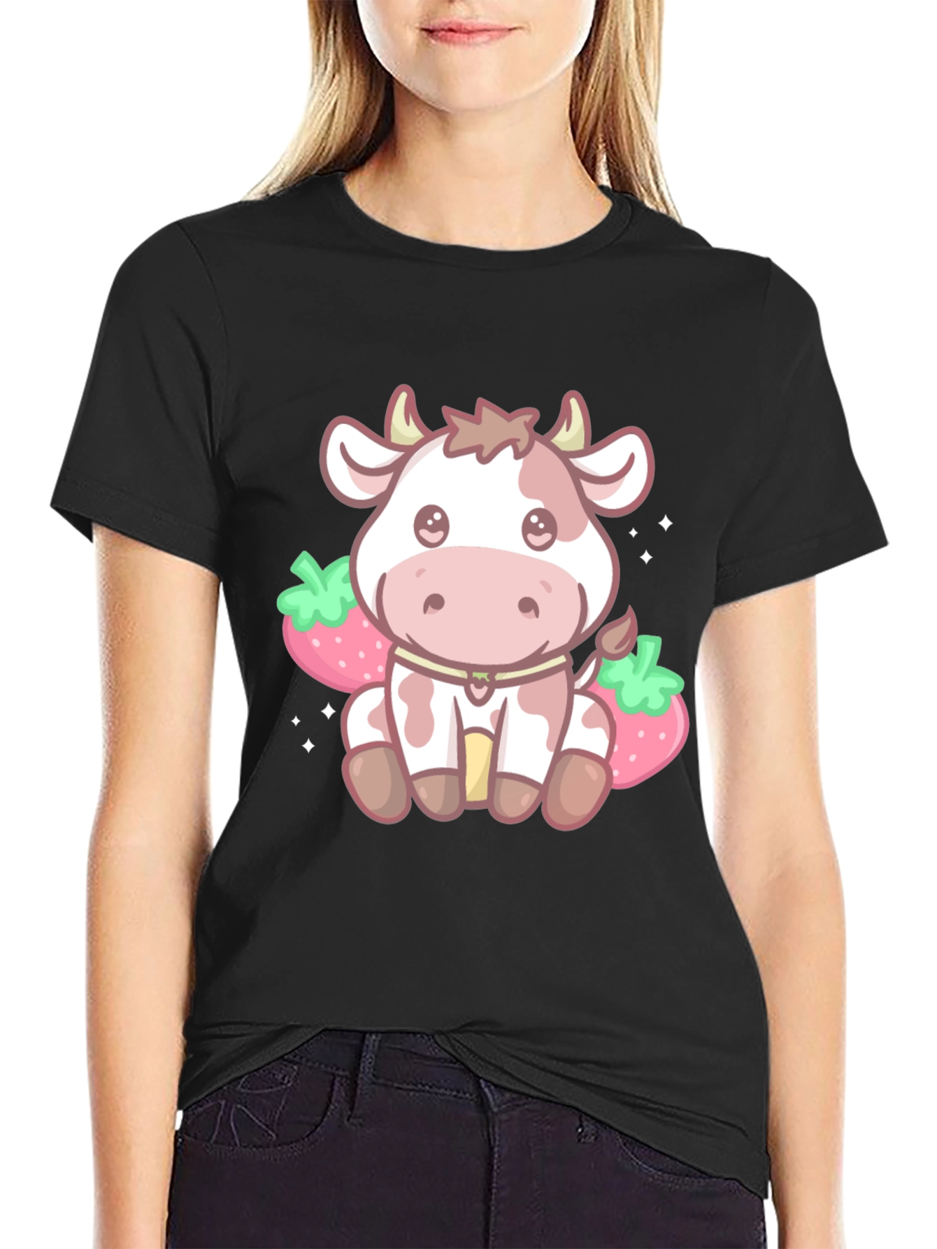 Black Kawaii Cow & Strawberry Graphic Tee - Black view 2
