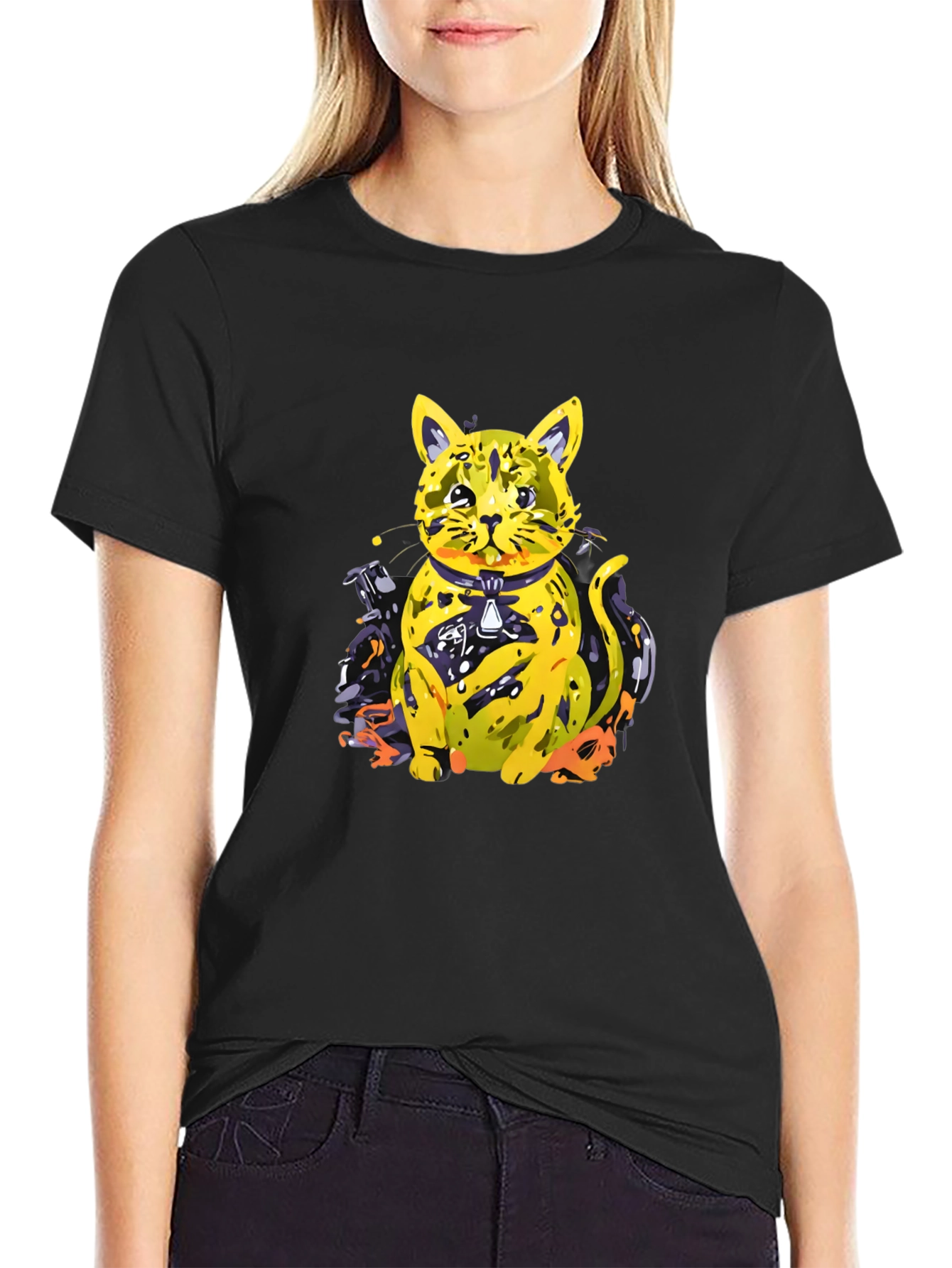 Black Cool Cat Graphic Tee - Black Cotton Blend view 2