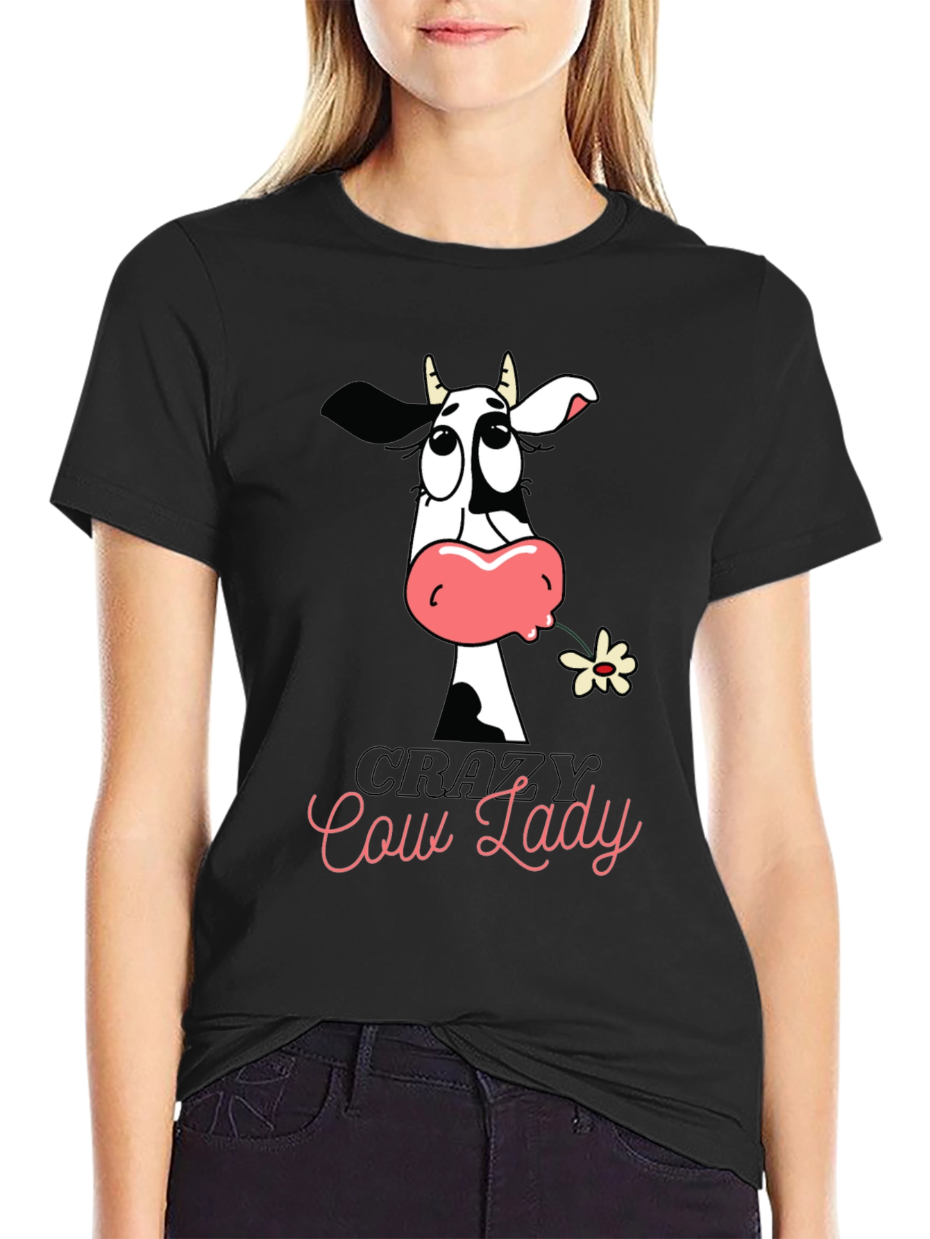 Black Crazy Cow Lady Graphic Tee - Black Cotton T-Shirt view 2