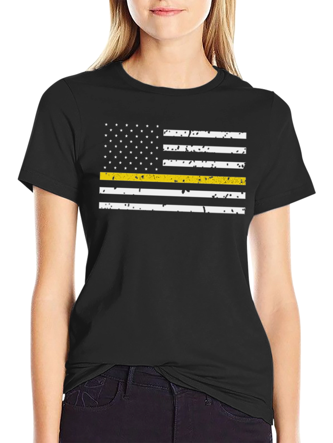 Black Thin Yellow Line Flag T-Shirt view 2