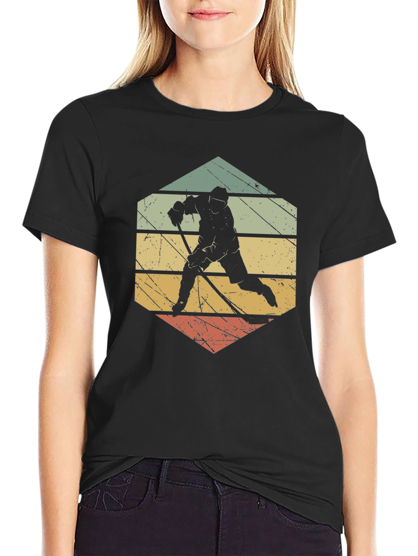 Black Retro Hockey Player Graphic T-Shirt view 2