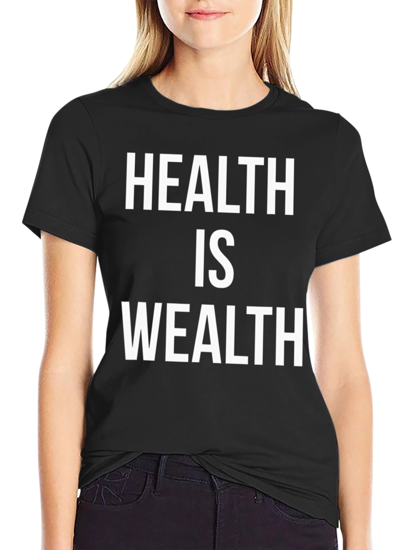 Black Health is Wealth Graphic T-Shirt - Black Crew Neck view 2