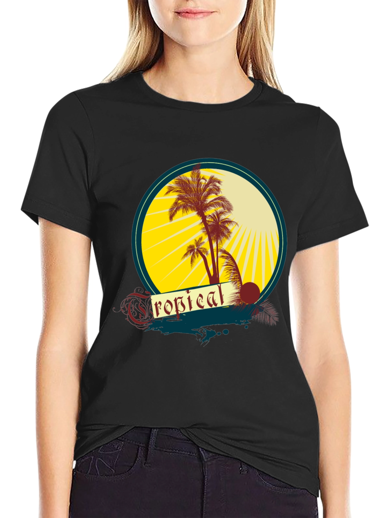 Black Tropical Palms Graphic Tee - Black Cotton T-Shirt view 2