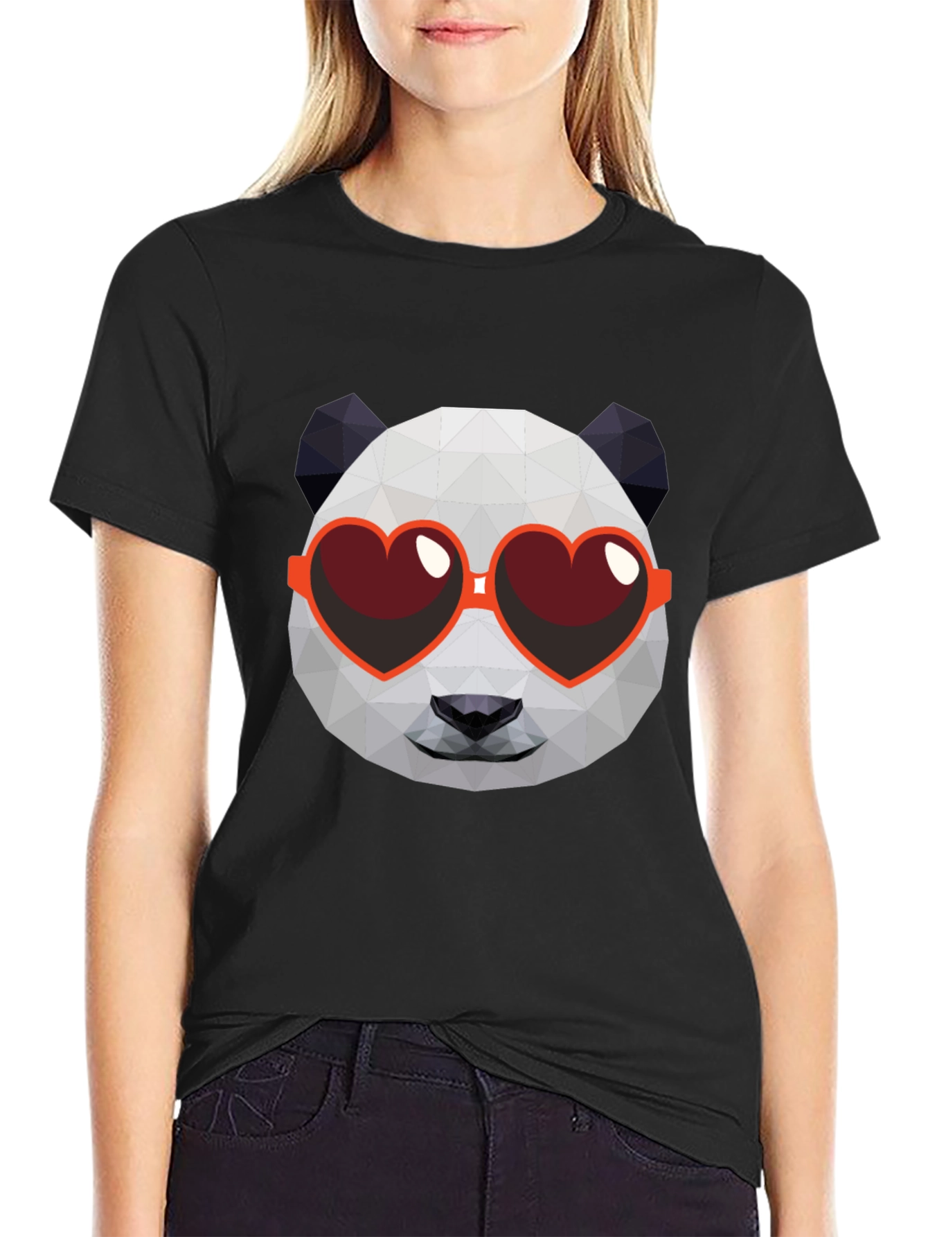 Black Geometric Panda Heart Sunglasses Graphic Tee view 2