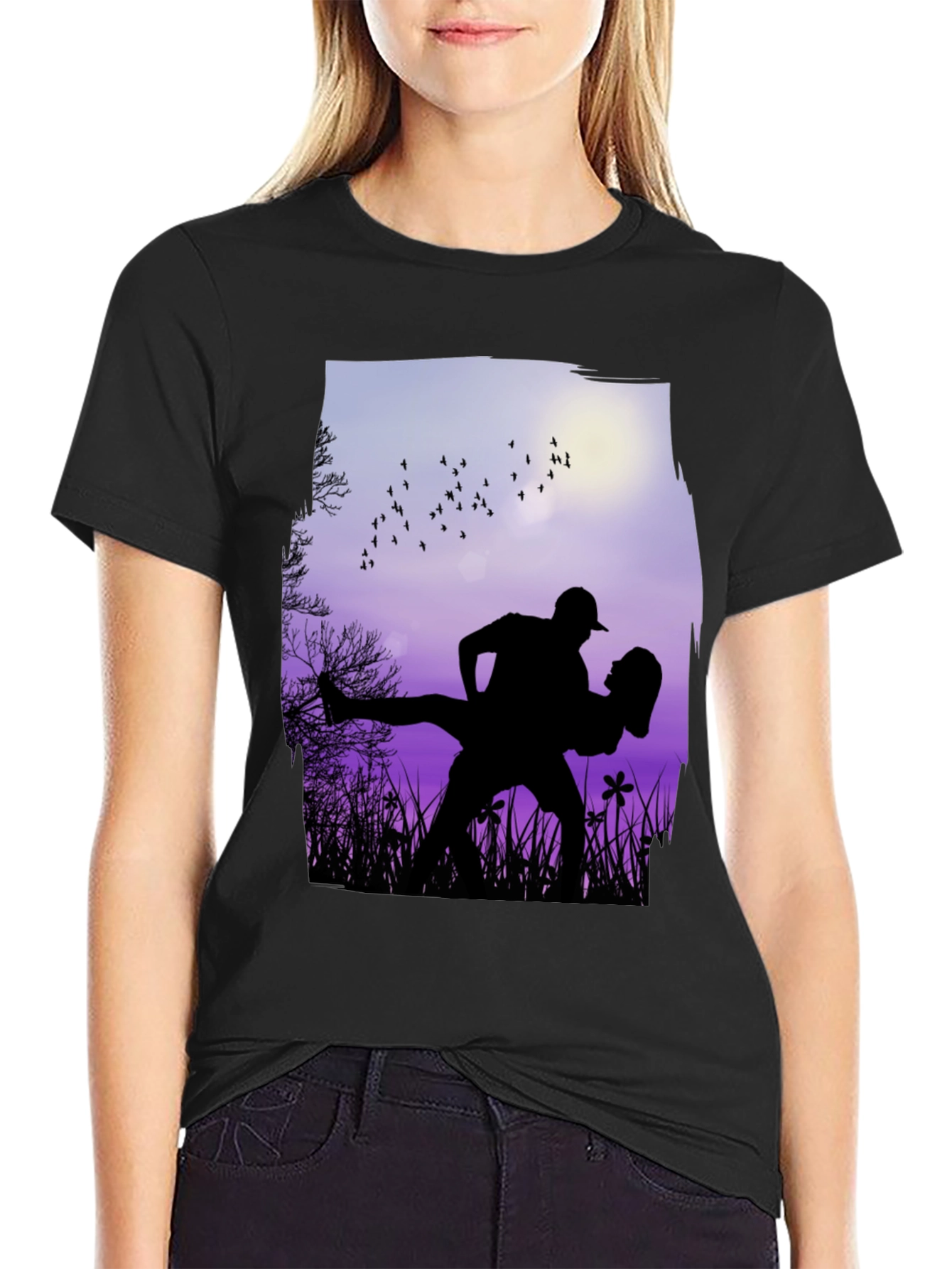 Black Silhouette Couple Dance Graphic T-Shirt - Romantic Design view 2