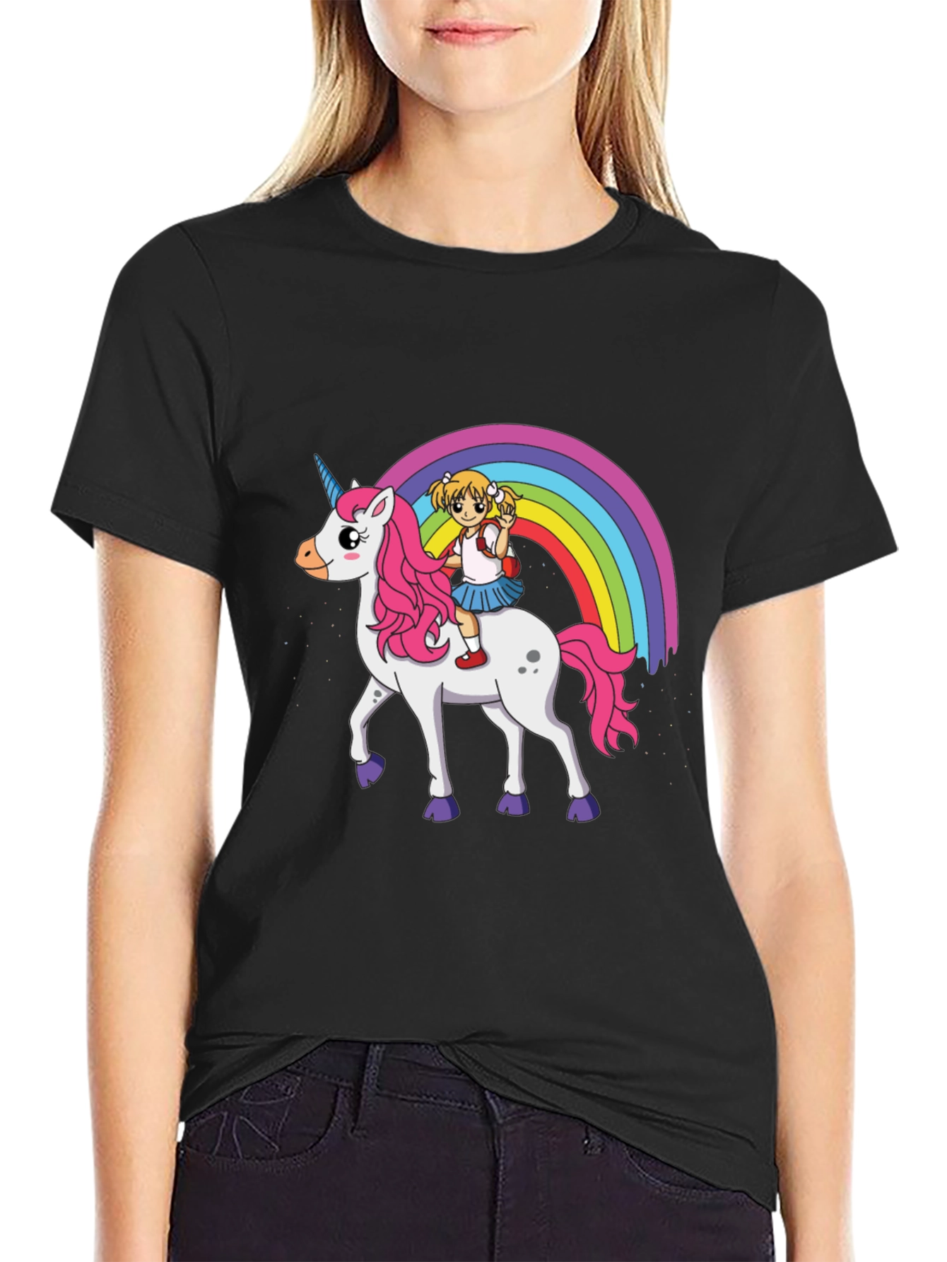 Black Unicorn Rainbow Ride Graphic T-Shirt view 2