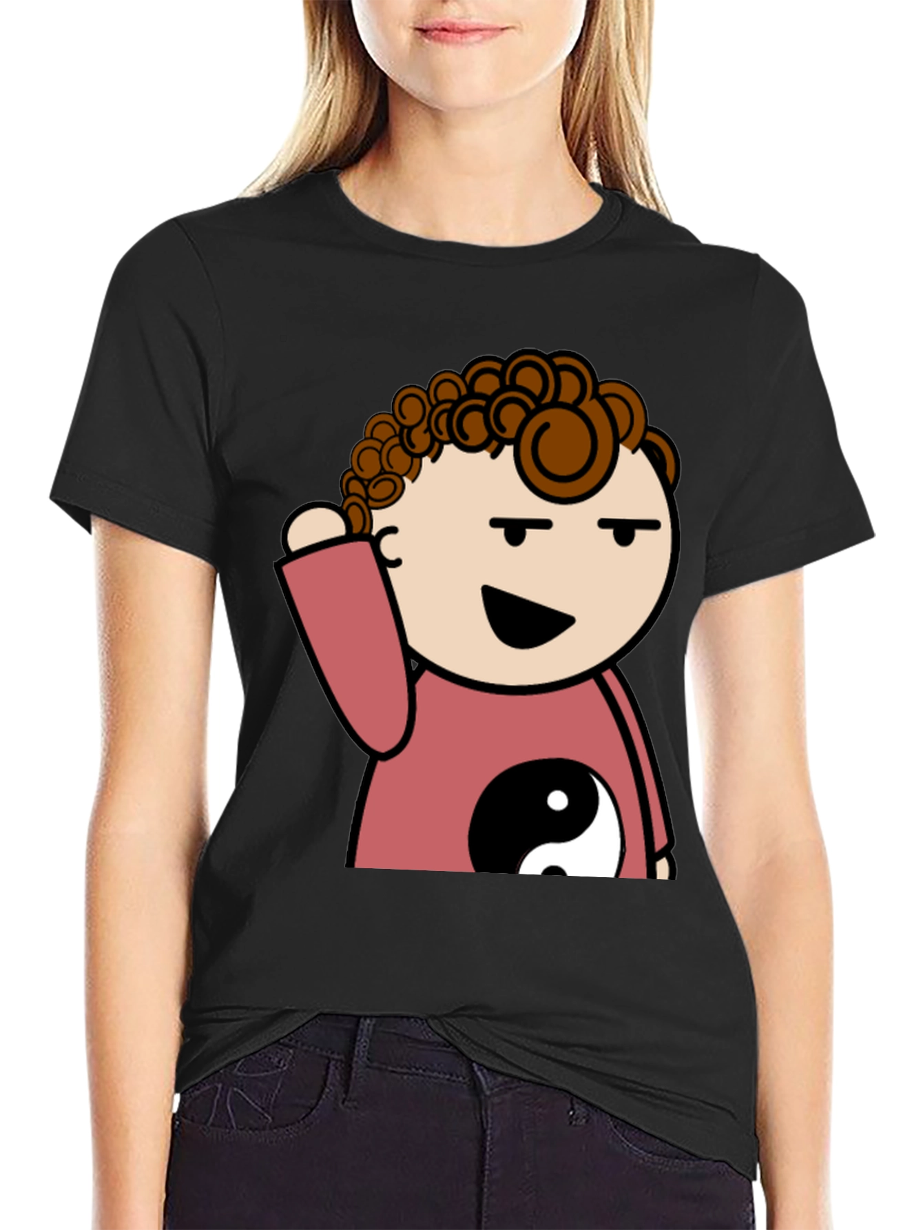 Black Yin Yang Cartoon Tee - Mens Black T-Shirt view 2